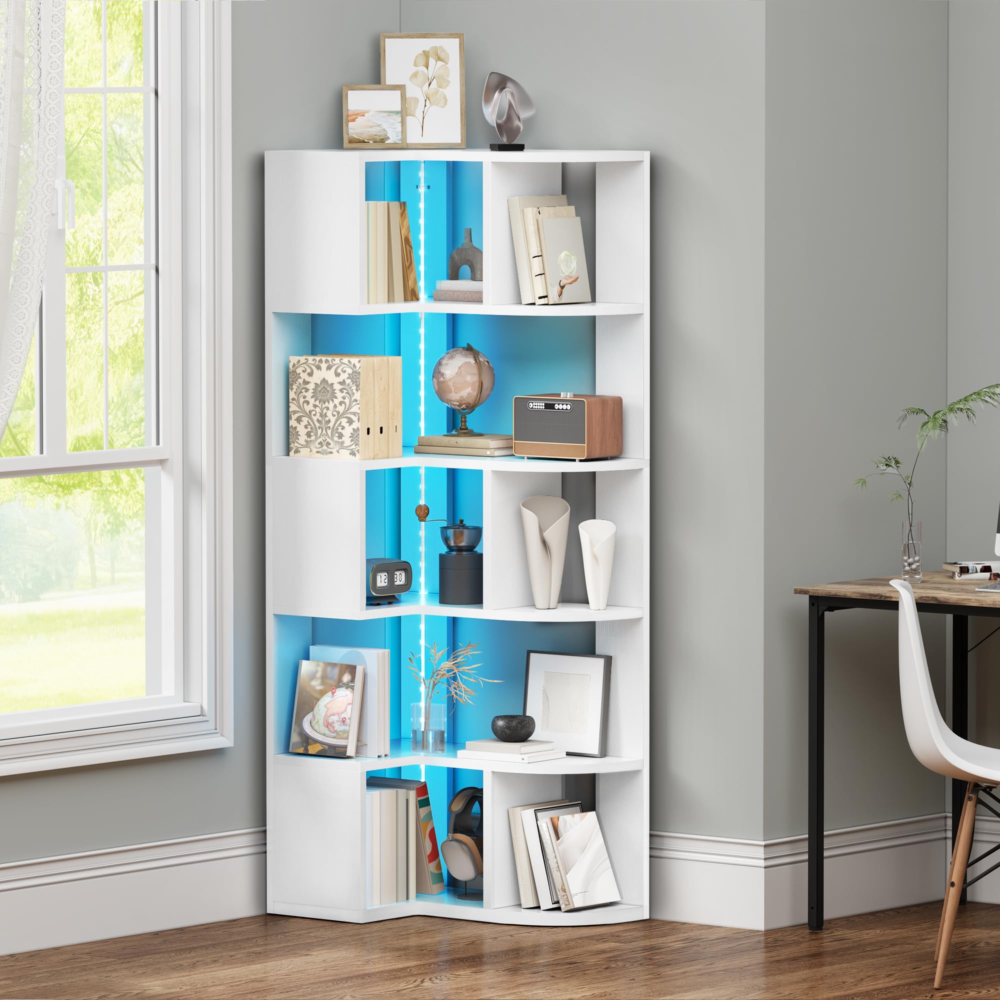 YITAHOME Libreria angolare a 6 ripiani con LED, a forma di L, scaffale angolare, scaffale da pavimento, per ufficio, studio, soggiorno, camera da letto, 64 x 41,5 x 159,5 cm, bianco