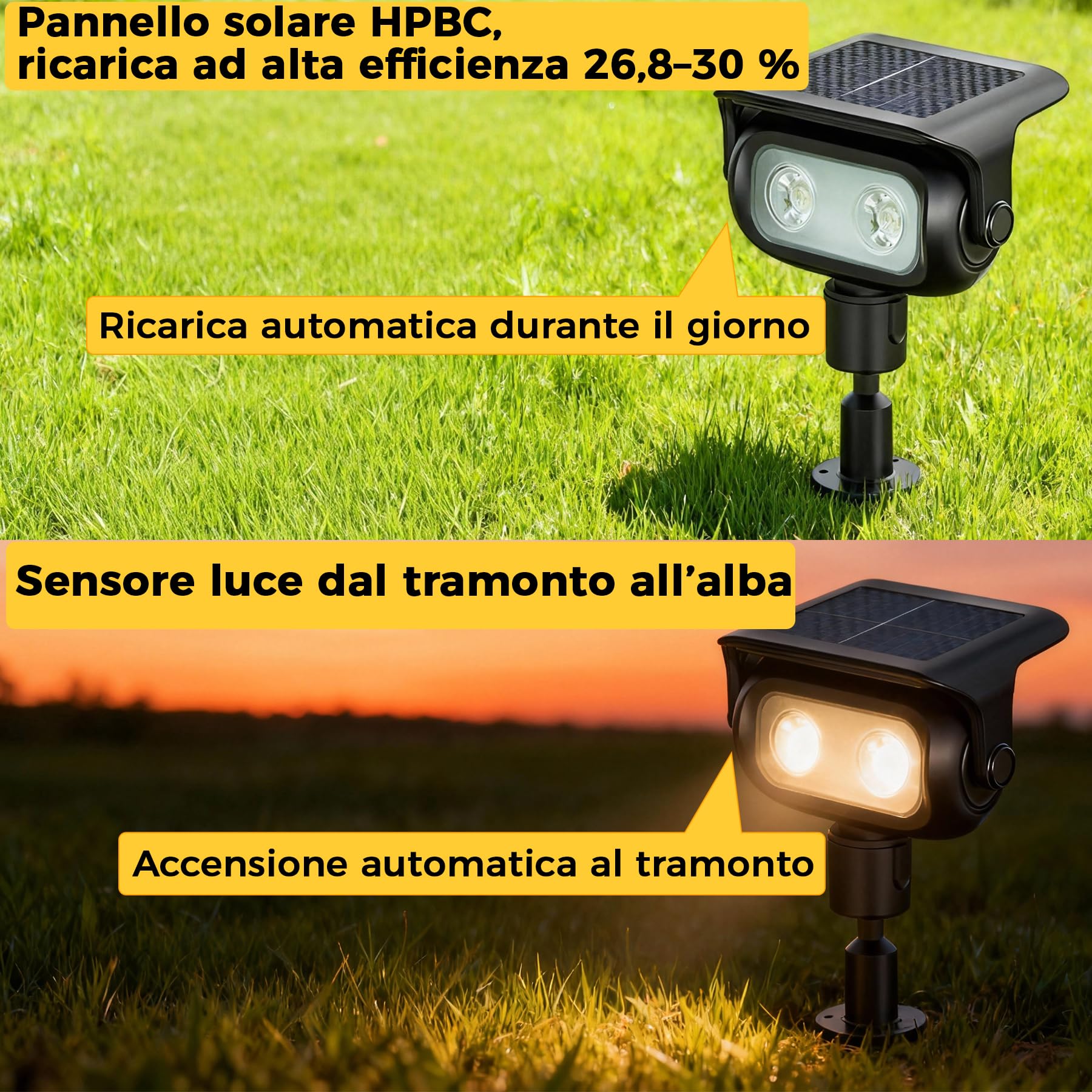 Faretti Solari LED da Giardino, 2 Pezzi, 200 lm 3000K Luce Calda con Sensore Crepuscolare, IP65 Impermeabili Lampada Solare con Picchetto per Esterno,Giardino, Prato e Vialetti