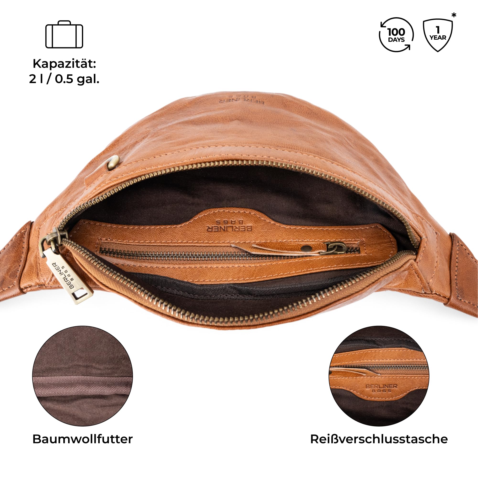 Berliner Bags Vintage Bauchtasche Turin, Gürteltasche aus Leder, mit verstellbarem Gurt und YKK Reißverschlüsse, Wasserabweisend für Herren - Braun