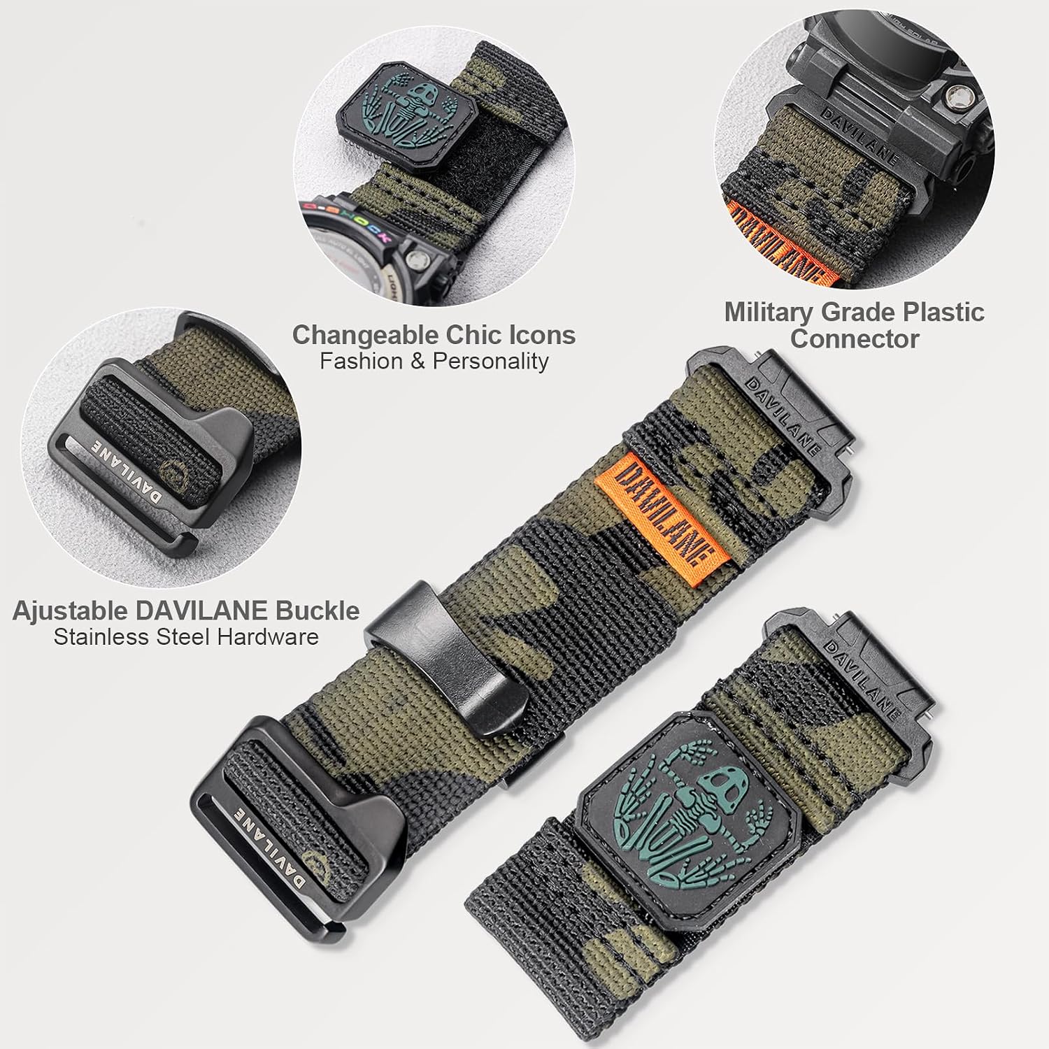 18mm Nylon Watch Band Compatible with G-Shock AE-1200/AE-1000W/1100W/AE-1300, W-735H/W-216H/218H W-219H/F-91W/F-94W/F-105W/AQ-S800W Military Patches Design, Quick Release Outdoor Watch Strap for Men