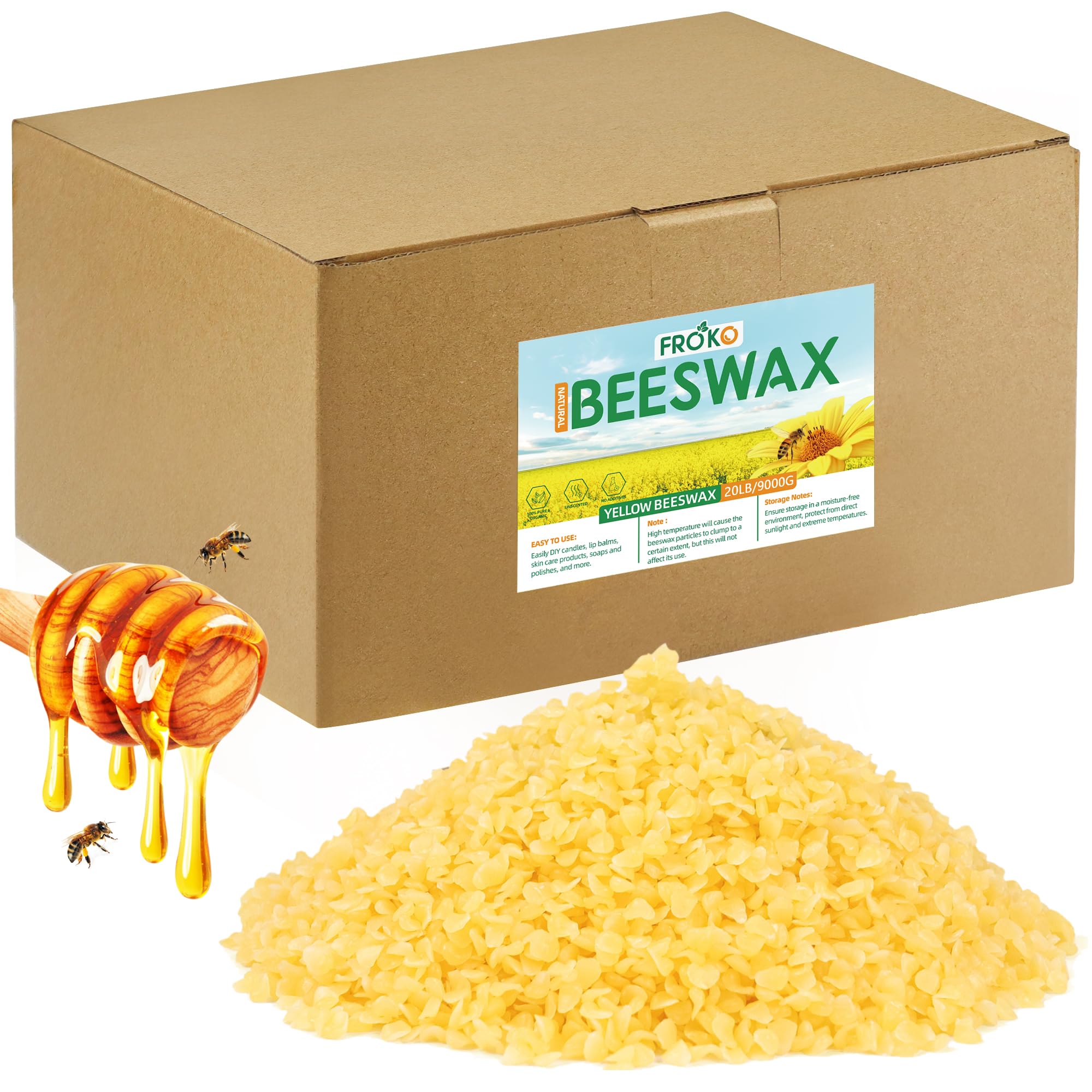 FROKO Yellow Natural Beeswax Pellets 20LB, Organic Beeswax, Beeswax for Candle Making, Body, Skin Care DIY, Lip Balm, Soap and Lotion Making Supplies