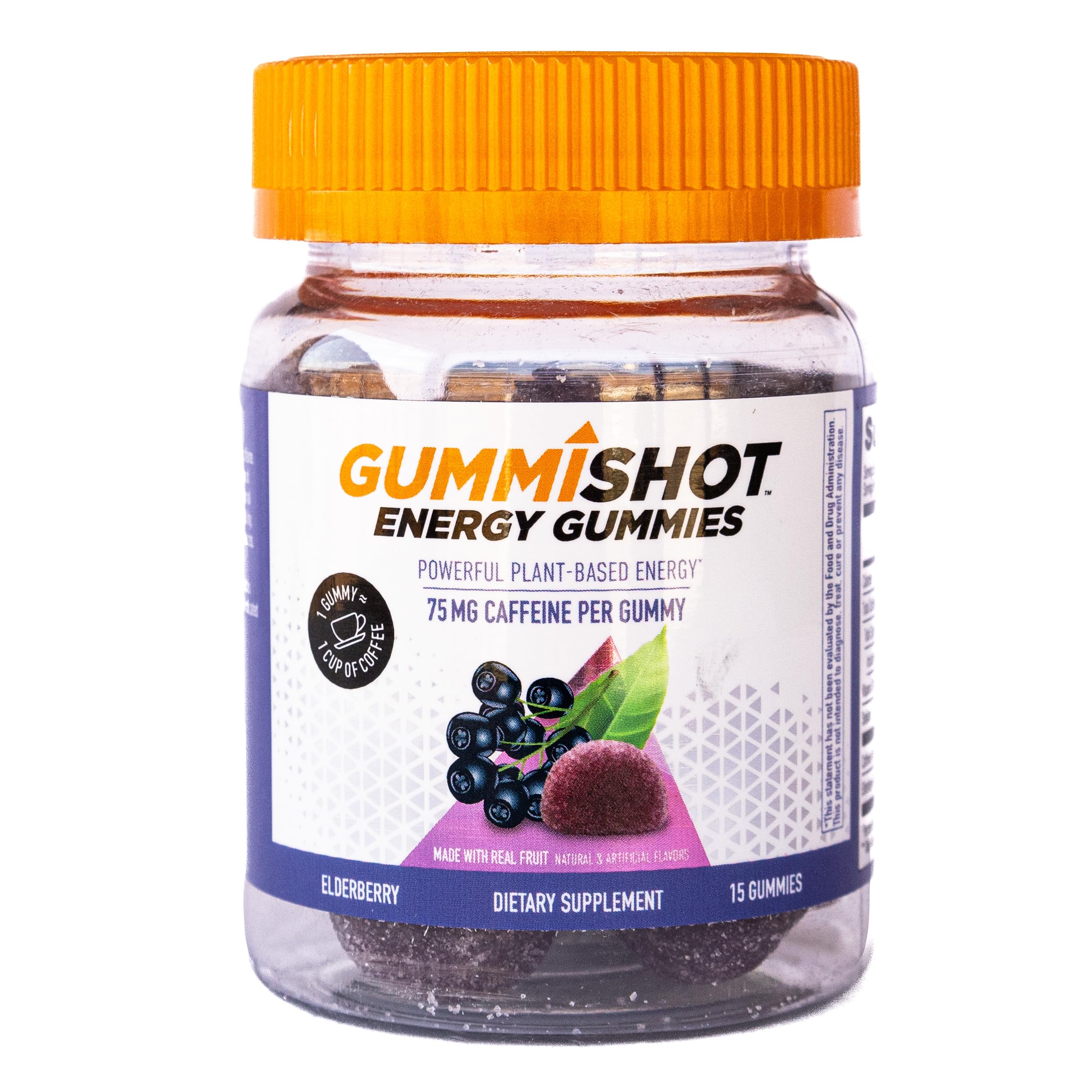 GummiShot Energy Gummies, 1125 mg of Plant-Based Caffeine Chews per Bottle, Long Lasting Energy Boosters, Elderberry (15ct)
