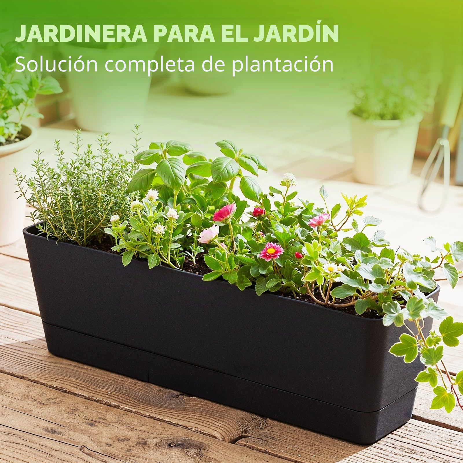 Bamworld Macetas y Maceteros de Plástico Juego de 3 Jardineras para Ventana 40x10 cm con Bandeja para Hierbas en Balcón Oficina de Interior y Exterior