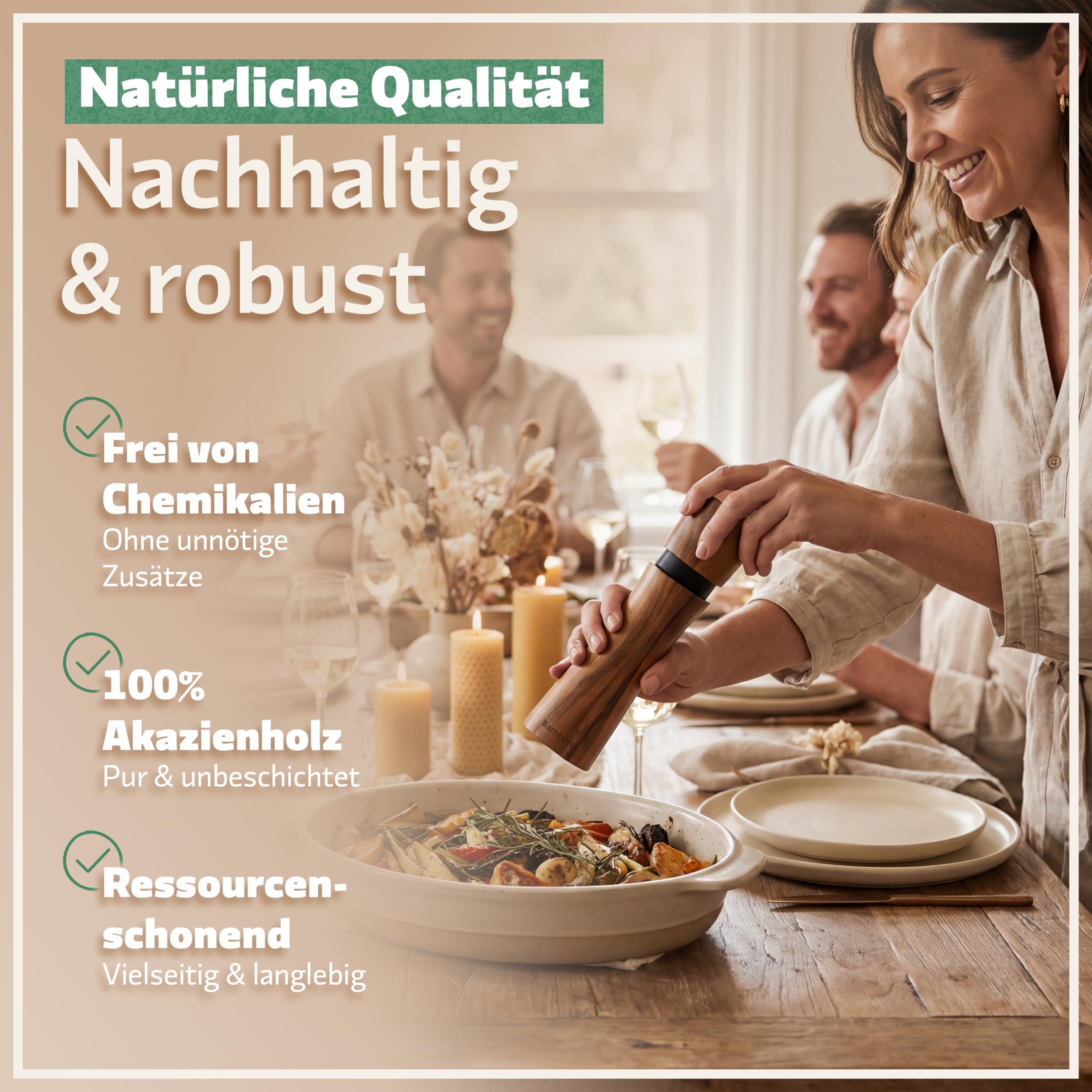 BAMBUNA 2er-Set Gewürzmühlen | Akazienholz | Keramikmahlwerk | einstellbarer Mahlgrad grob bis fein | manuelle Pfeffermühle und Salzmühle mit Edelstahlkern | inkl. Untersetzer, Holzlöffel, Rezeptbuch