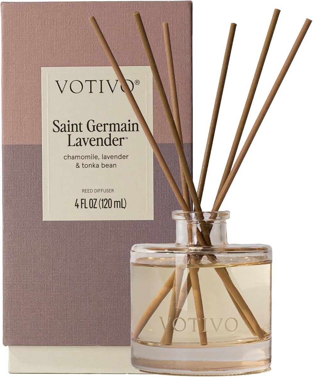 Votivo Saint Germain Lavender Signature Reed Diffuser | Floral Scented Home Fragrance Diffuser with Sticks, Reed Oil and Glass Bottle | Decorative Air Freshener for Home Decor | 4 oz