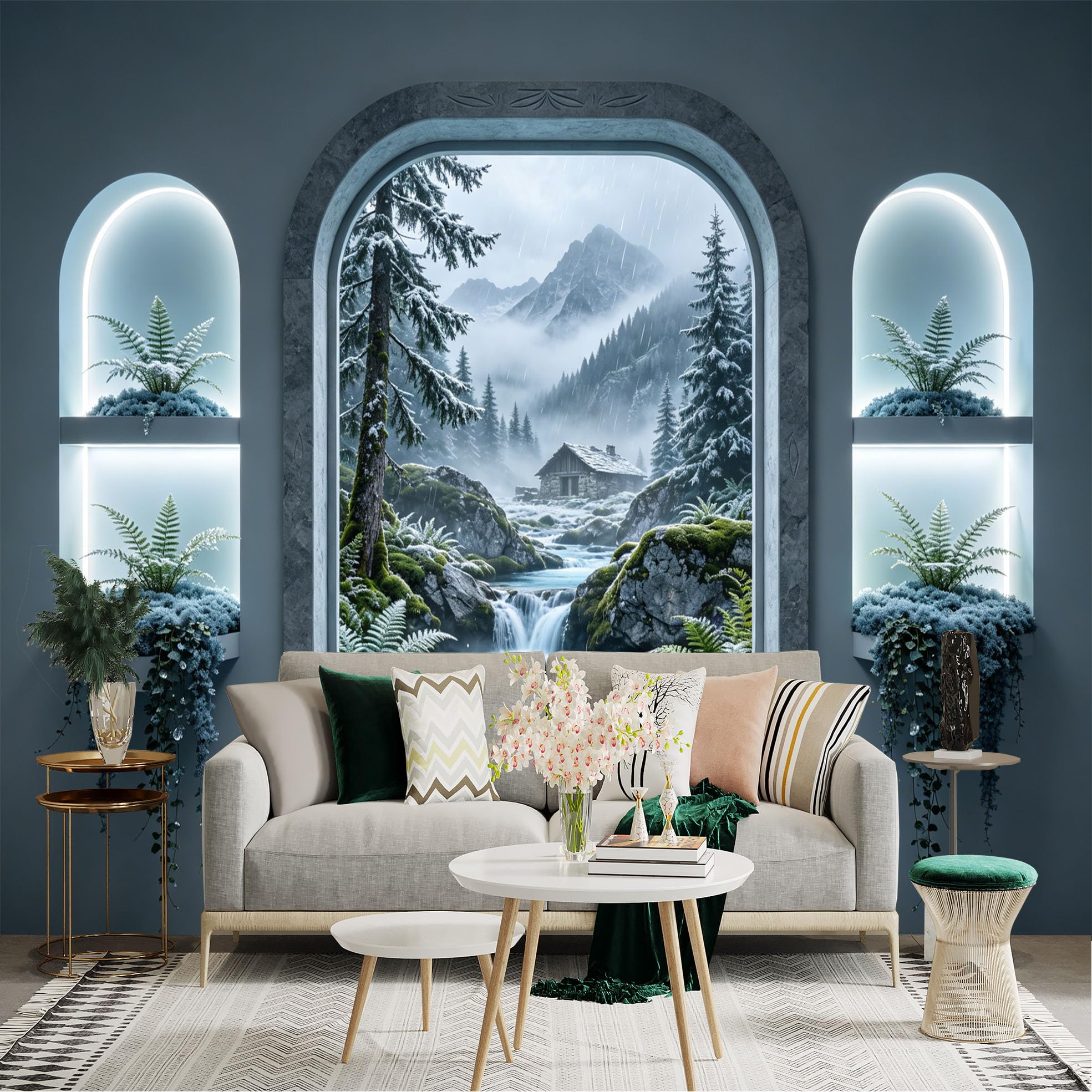 Lnzczhyre Dbh260521178 Custom Size Wall Sticker Mural， Snowy Mountain Cabin， Misty Forest River， Winter Landscape， Window View， For Wall Decoration， Peelandstick Wall Decals.