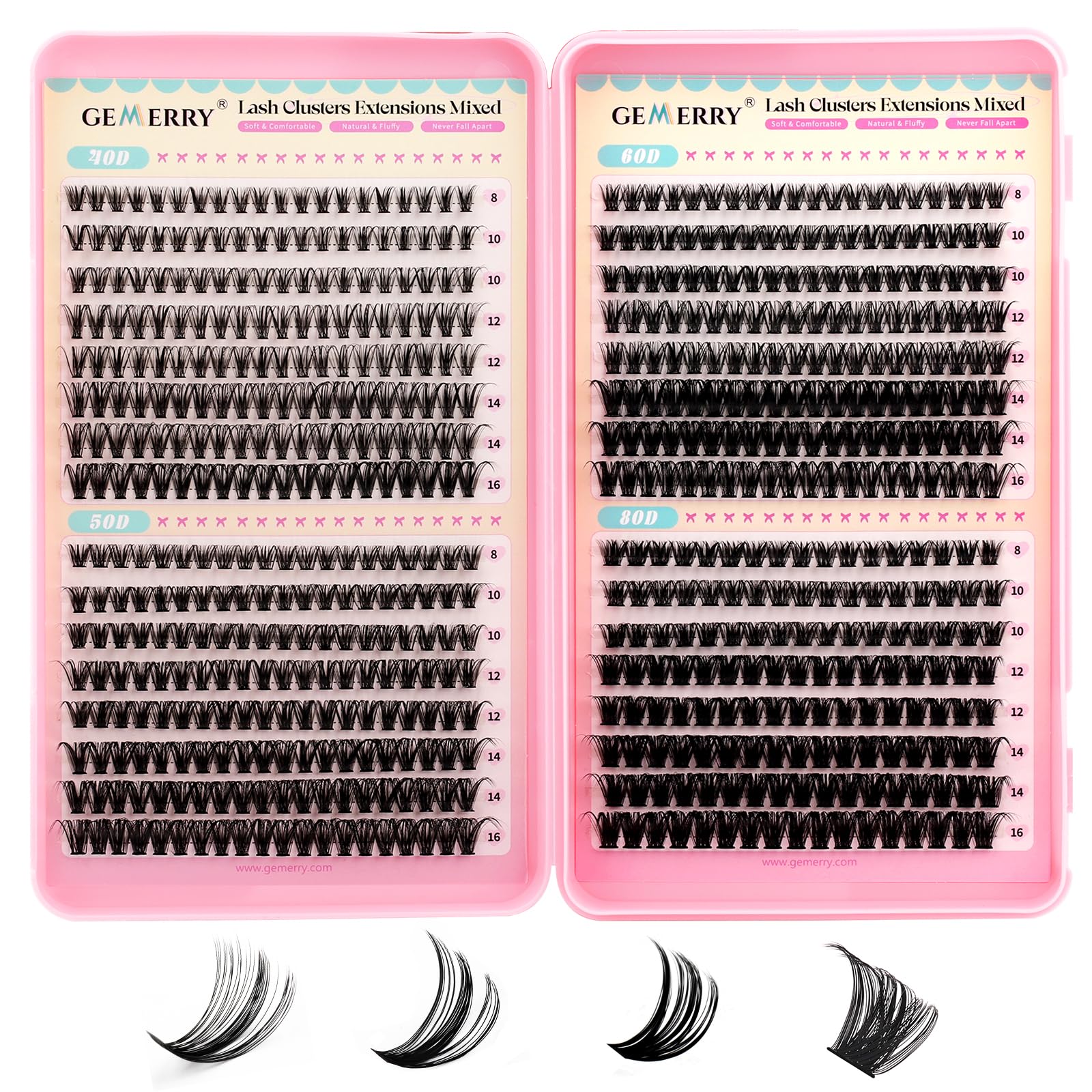 GEMERRY Wimpern Extensions 40D+50D+60D+80D D Curl Wimperncluster Individuelle Wimpern Extensions Wimpernverlängerung Volume DIY zu Hause (8-16mm Mix)