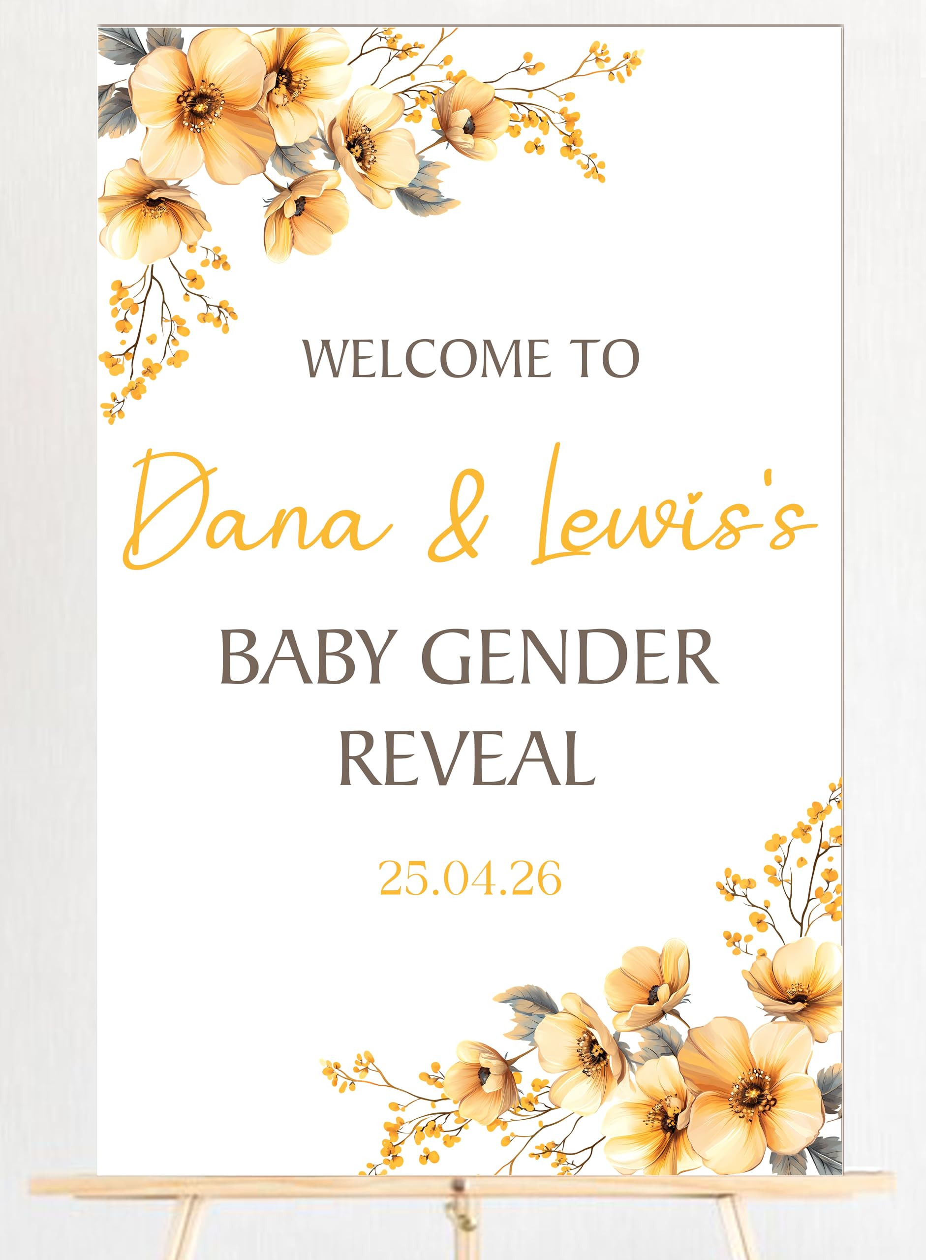 Neutral Baby Gender Reveal Board Wood Floral & Teddy Designs Beige Yellow Custom Names Date Personalised Welcome Sign for Boy or Girl Announcement Party (Yellow Floral)