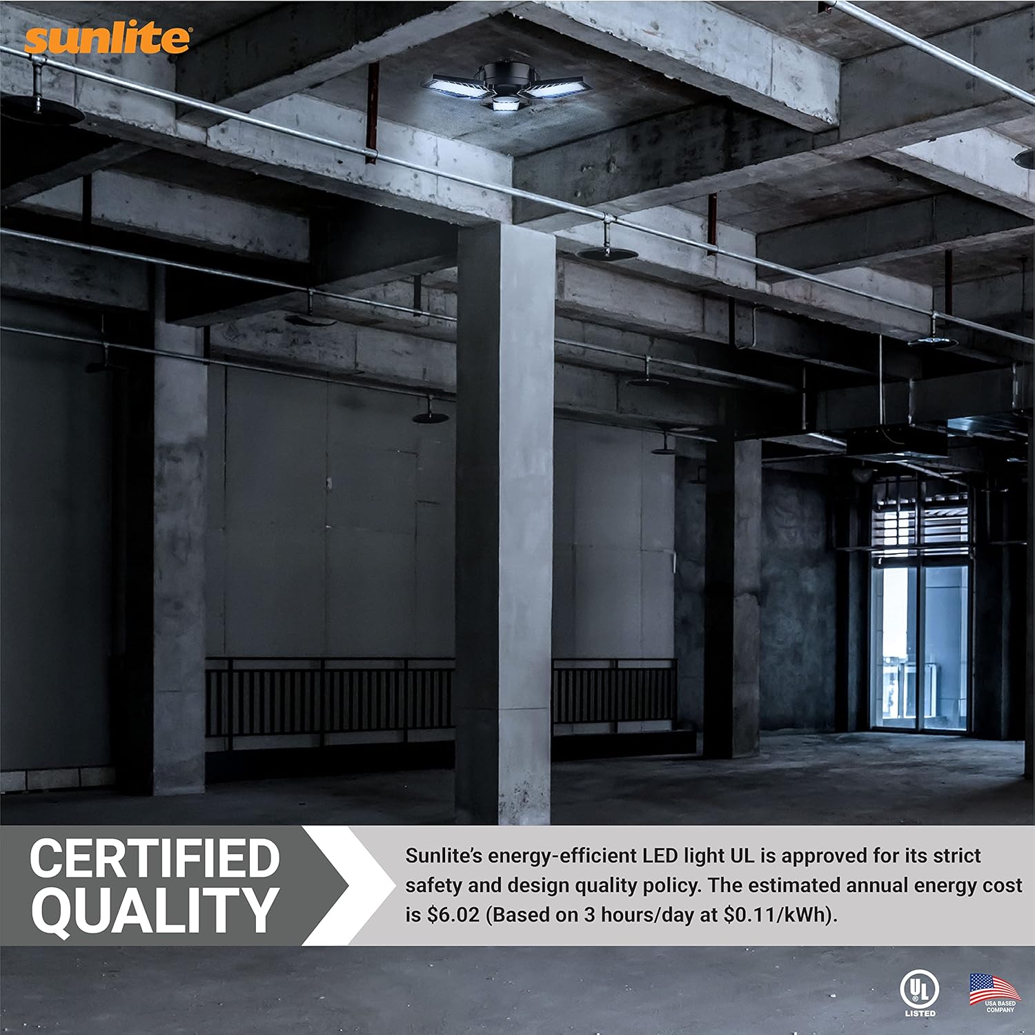 Sunlite 81249 LED Garage Light, 50 Watts (300W Equivalent), 6000 Lumens, 5000K Daylight, E26 Medium Base, UL Listed, 120-277V, Black, for Garage, Attic, Basement & Workshops