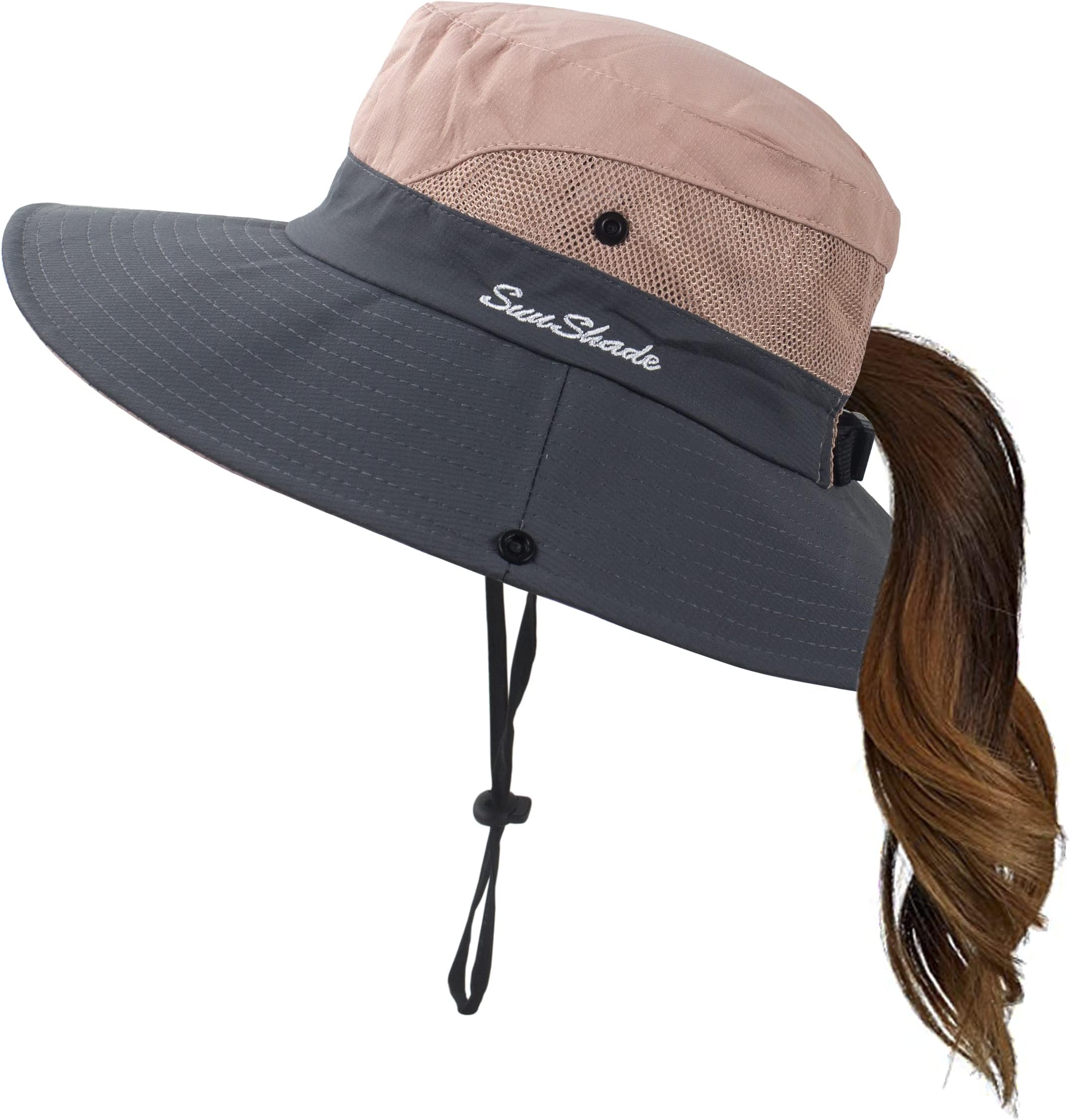 Womens Summer Sun Hat Wide Brim Outdoor UV Protection Hat Foldable Ponytail Bucket Cap for Beach Fishing Hiking