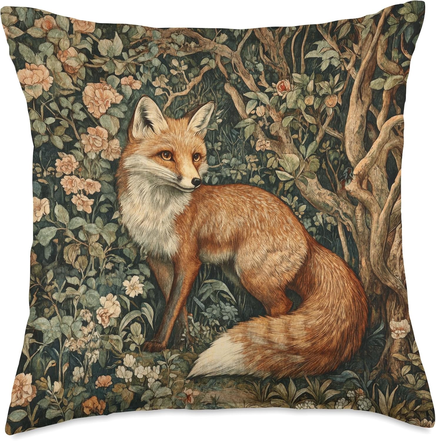 Fox in a William Morris Style Forest Throw Pillow