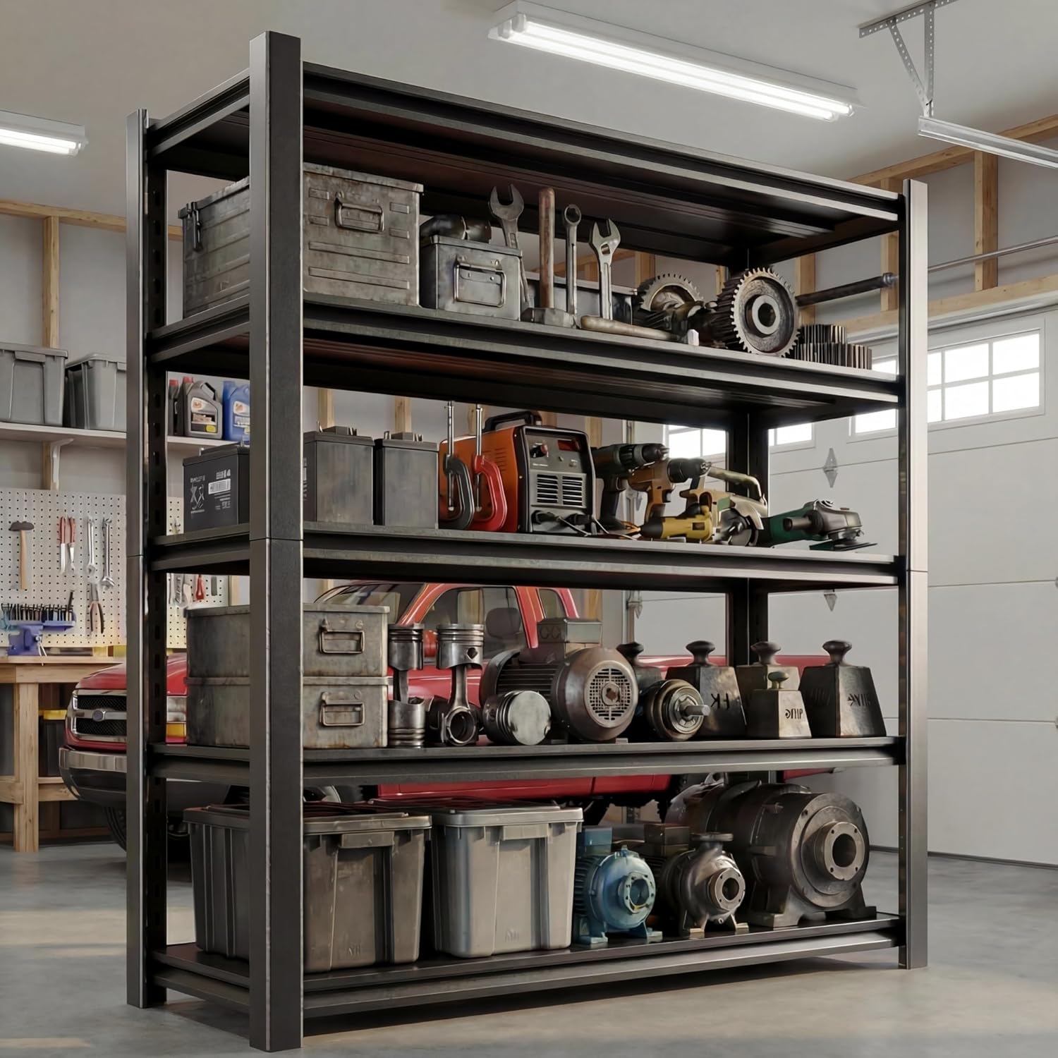 Heavy Duty Garage Shelving, 47.8" W x 19.8" D x 72" H, 3150LBS Capacity 5-Tier Metal Storage Shelves, Boltless Adjustable Garage Storage Rack for Basement, Warehouse, Pantry, Black