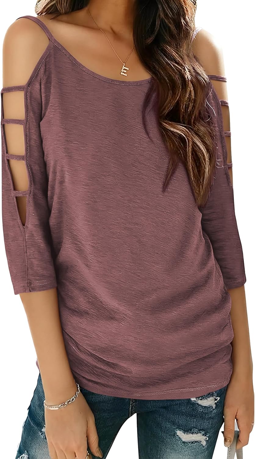 Jar of Love Women's Cold Shoulder Tops 3/4 Sleeve Sexy Going Out T-Shirts for Women Casual Tunic Tops - Image 3