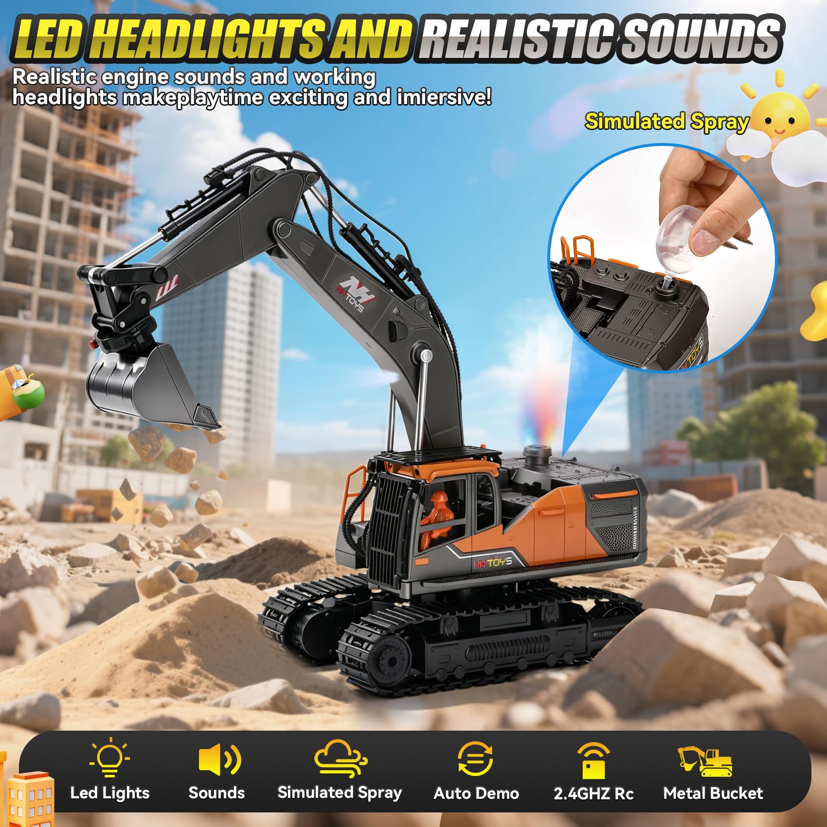 3-in-1 Ferngesteuerter RC Bagger mit Metallener Schaufel Greifer Bohrer, 2.4GHz 14 Kanäle | 680° Rotation | LED Licht | Wasser-Dampf-Effekt, RC Bagger Spielzeug Geschenk für Jungen 3-12 Jahre