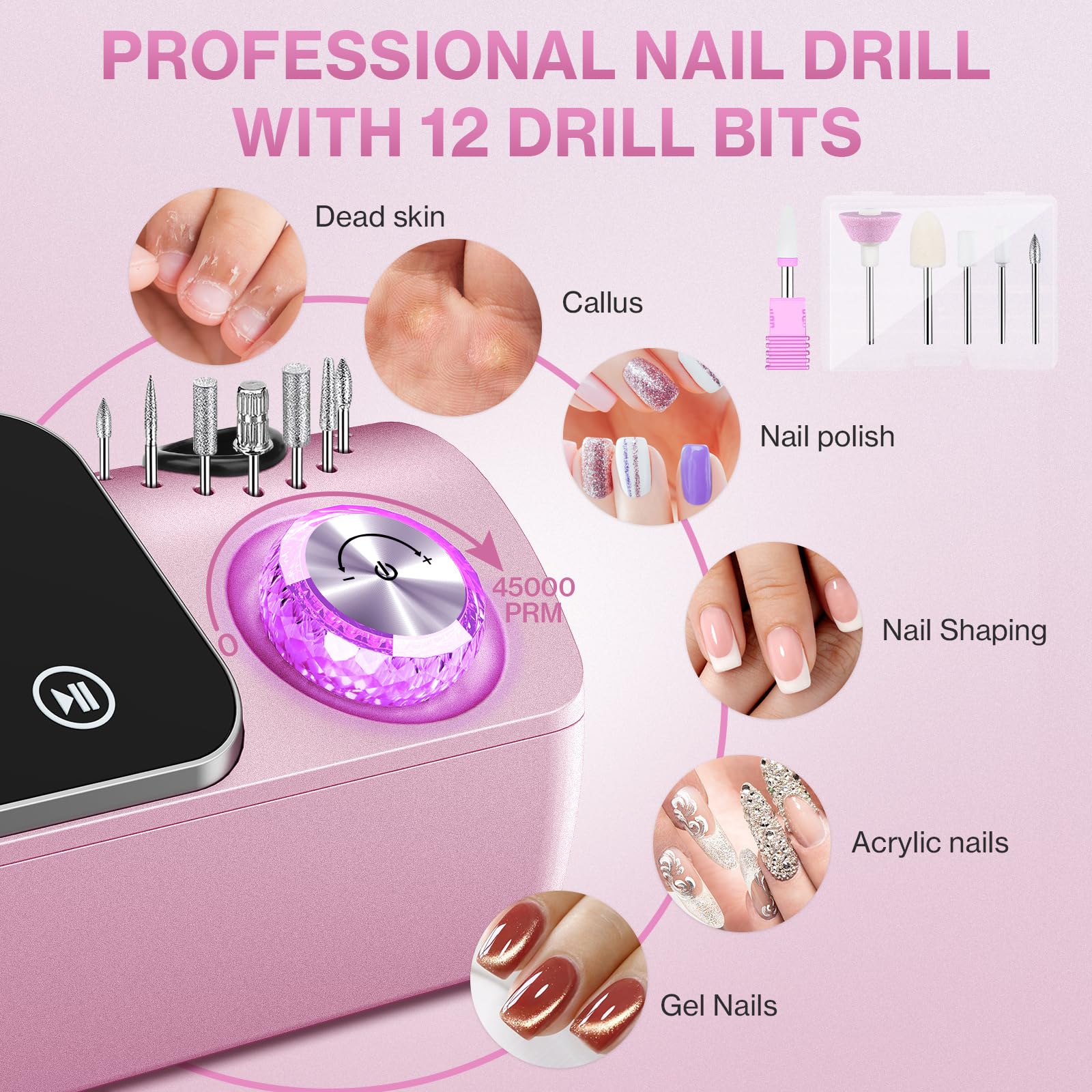 Torno para Uñas,Torno para Uñas Profesional 45000 RPM,12 12 Cabezales de Pulido, Pantalla táctil LCD,Perilla de cristal,Lima portátil para uñas acrílicas y de gel (Rosa claro)