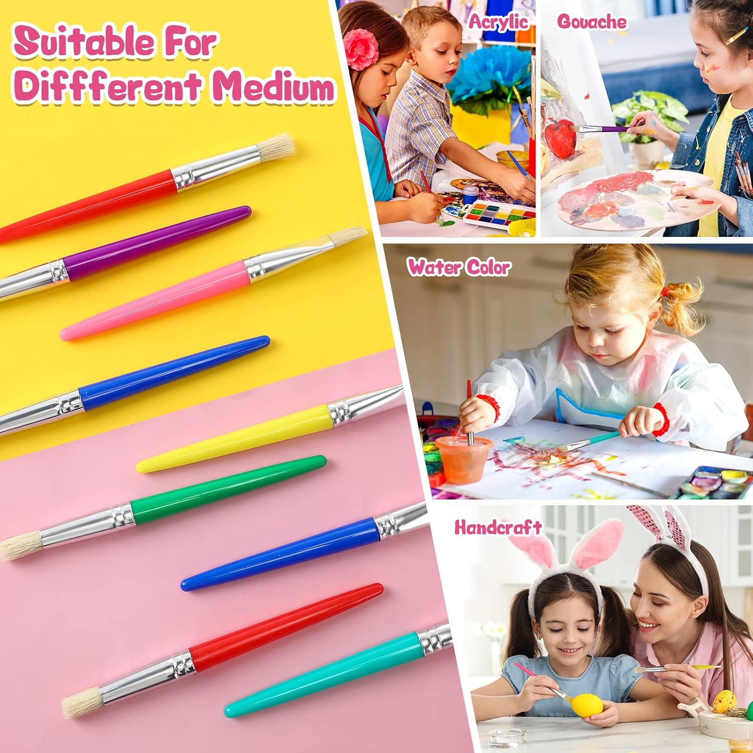 Sherr 64 Pcs Paint Brushes Sets for Kids Toddler Art Supplies Large Chubby Round and Flat Brush for School Washable Acrylic Oil Paint