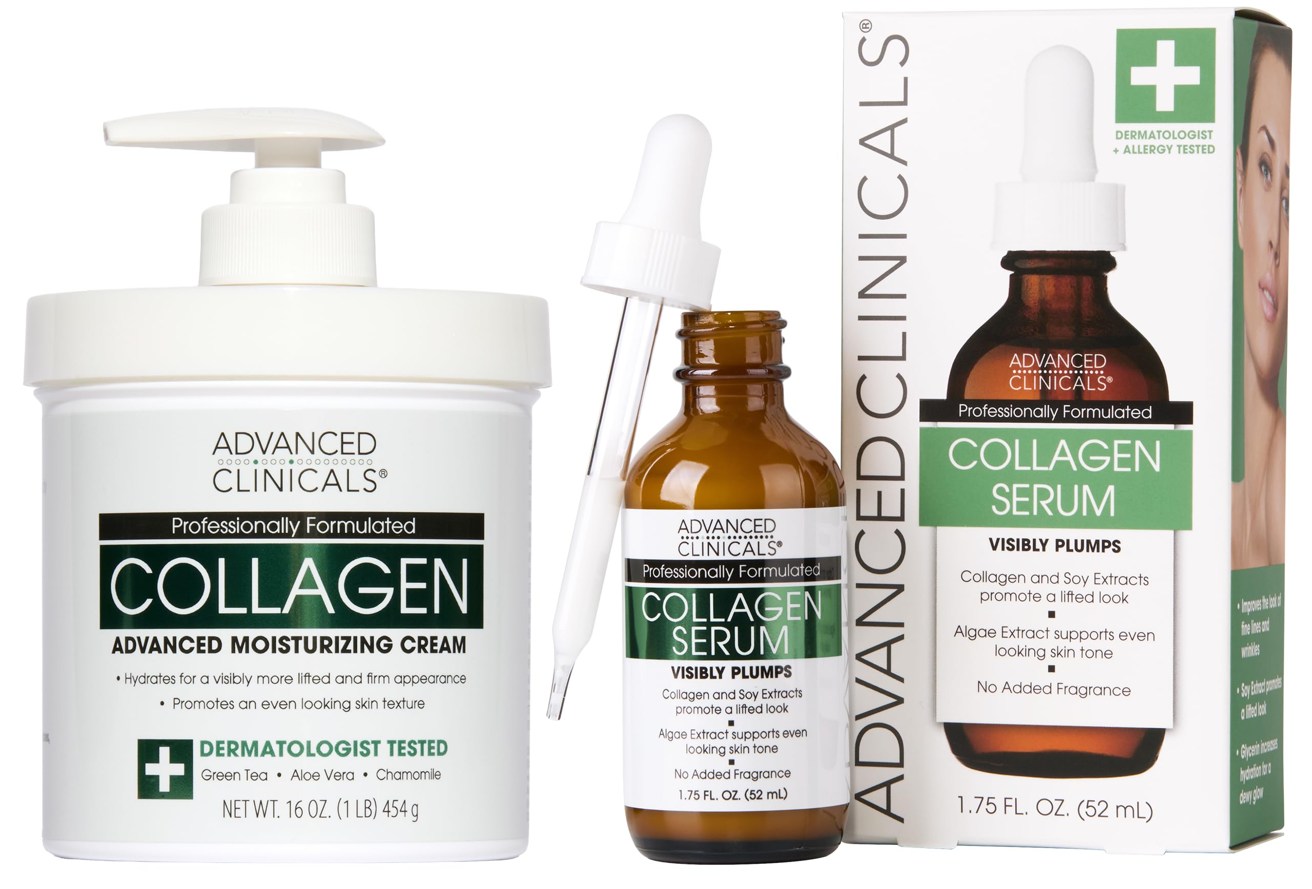 Advanced Clinicals Unscented Collagen Body Cream + Collagen Serum For Face 2PC Skincare Set | Face Serum & Body Lotion For Women & Men Helps Improve Look Of Wrinkles & Dry Skin, Fragrance Free, 2pc