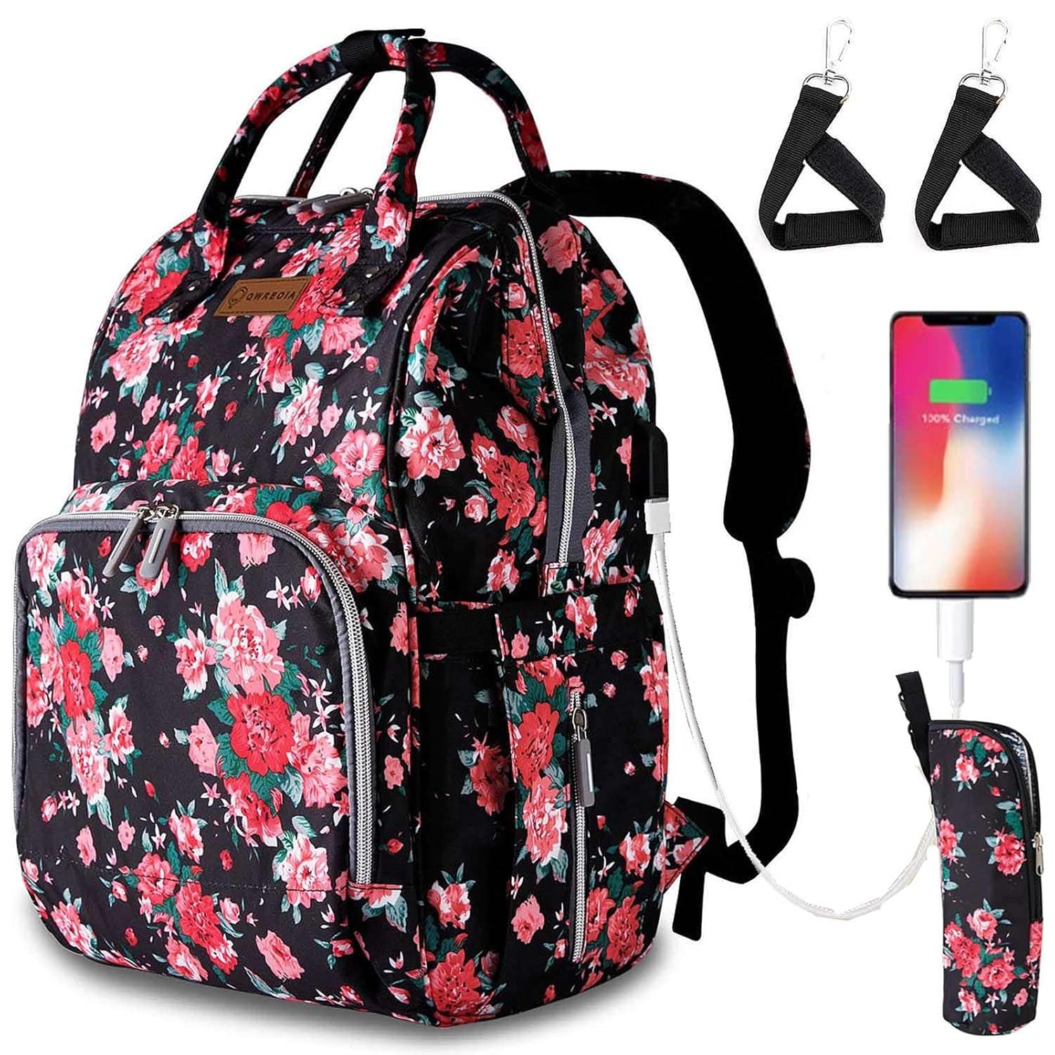 Floral Diaper Bag Backpack with USB Charging Port Stroller Straps and Insulated Pocket, Travel Bag Nappy Backpack For Women/Mum (Red Flower Pattern)
