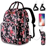 QWREOIA Floral Diaper Bag Backpack with USB Charging Port Stroller Straps and Insulated Pocket, Travel Bag Nappy Backpack For Women/Mum (Red Flower Pattern)