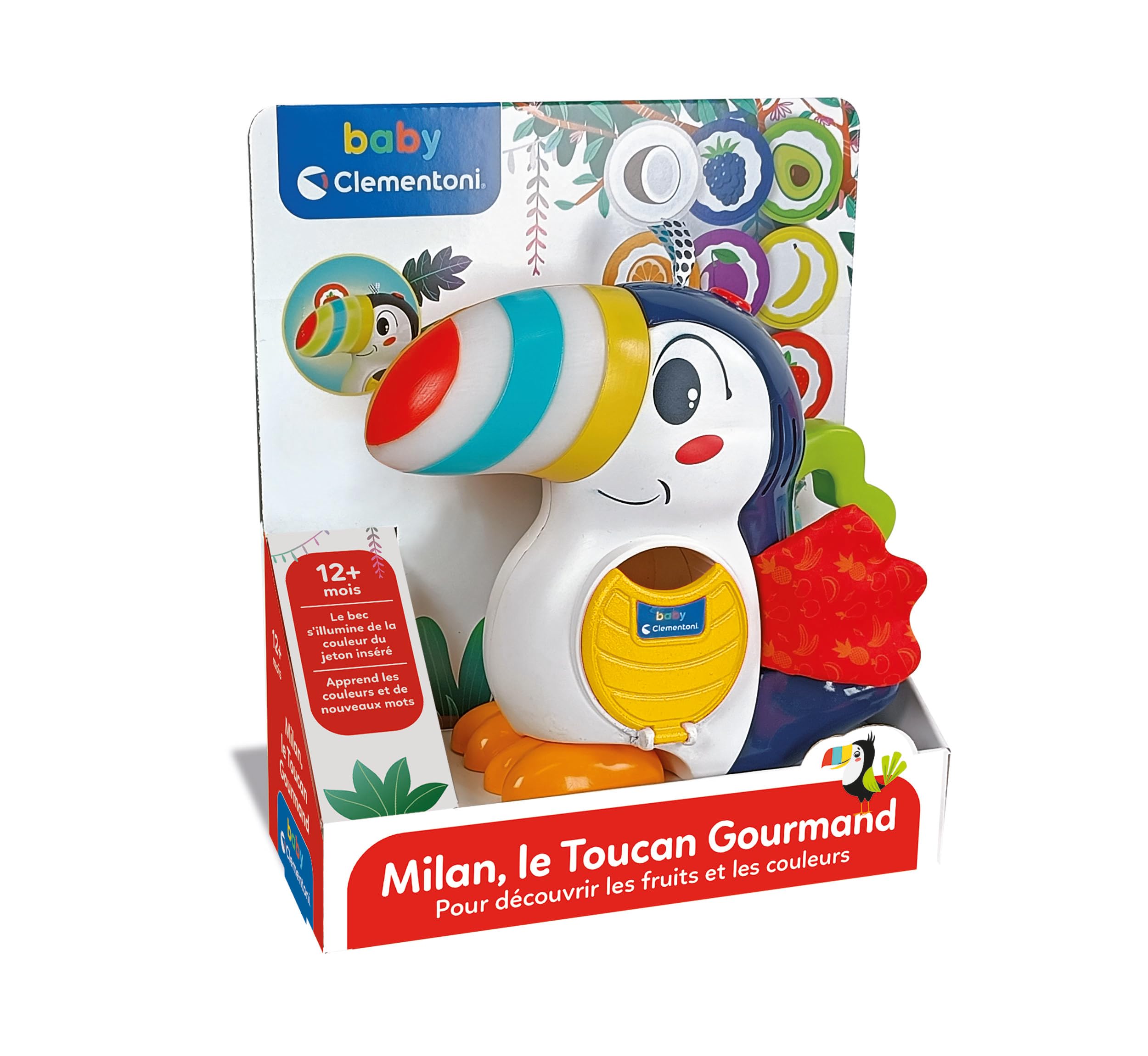 Milan Le Toucan Gourmand Jouet d'Éveil Interactif pour Bébé Dès 12 Mois | Insère les jetons fruits pour apprendre couleurs et mots en s'amusant bien | sons et lumières | cadeau naissance idéal