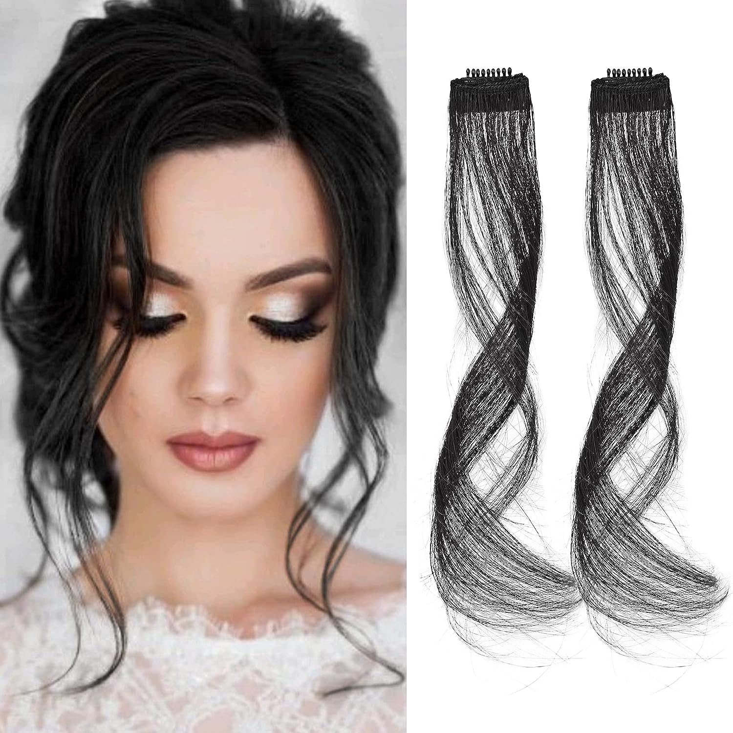 FEORA 2 Pcs Side Bang Clip in Bangs Side Covers Wave Fringe Bangs Hair Extensions for Women black Girls Front Side Bangs for Women Hair patch for women Hair topper (Natural Black)-image-13
