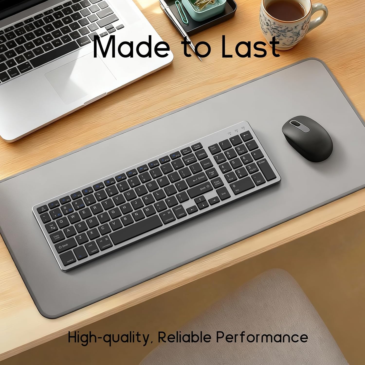 JKSML Wireless Keyboard with 102 Keys, Bluetooth and 2.4 GHz Wireless, Low Profile, Number Pad, Fluid Quiet Typing, 12 Programmable Keys, USB C Rechargeable, for Phone, Tablet, PC, Laptop, TV - Black
