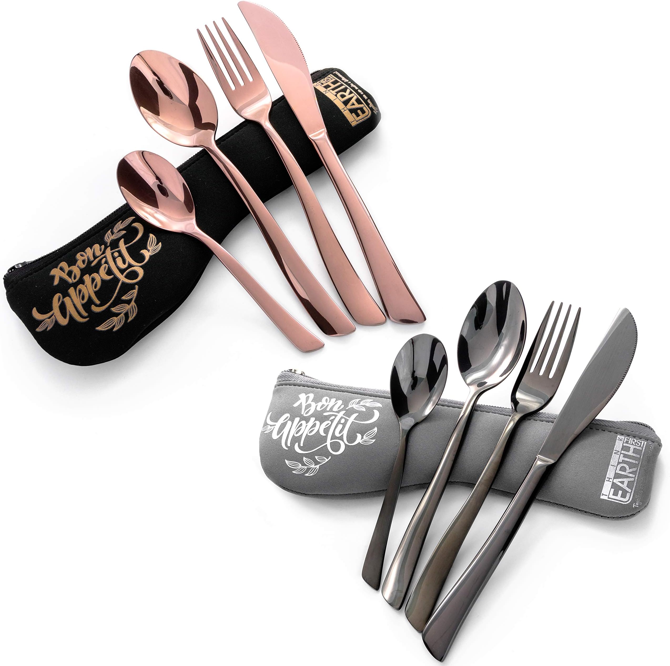 Elegant Portable Utensils - High Quality Stainless Steel Flatware with Neoprene Case - Cutlery Sets To Go - Reusable, Durable and Eco Friendly - Set of 2 (10 Pieces) - Black and Rose Gold Silverware