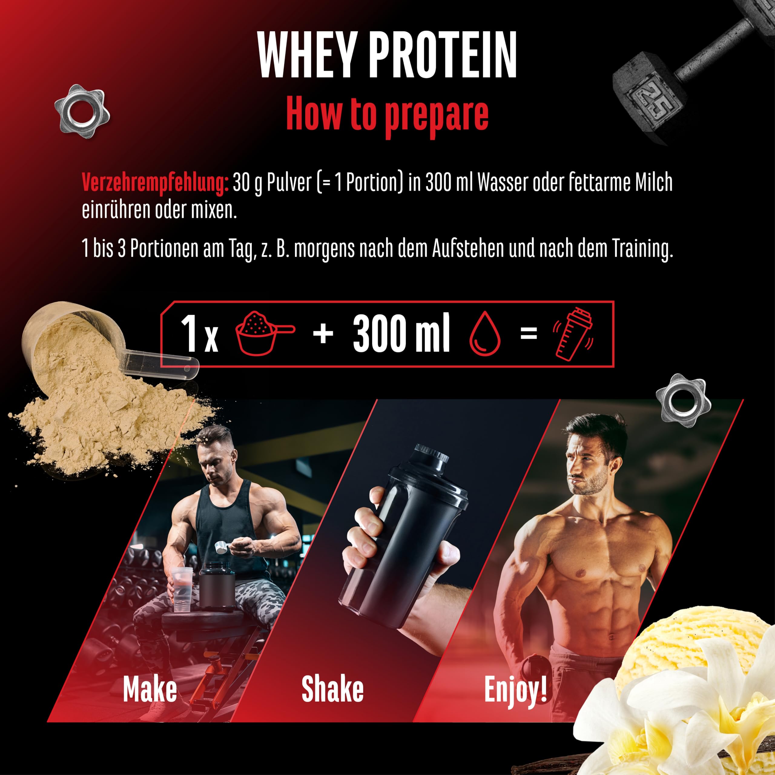 GEN GERMAN ELITE NUTRITION Whey Protein Pulver - 1000 g - Whey Isolat | Vanille Ice Cream Geschmack, instant lösliches Eiweiß Protein Pulver, mit BCAA & EAA - bis zu 22 g Protein pro Portion
