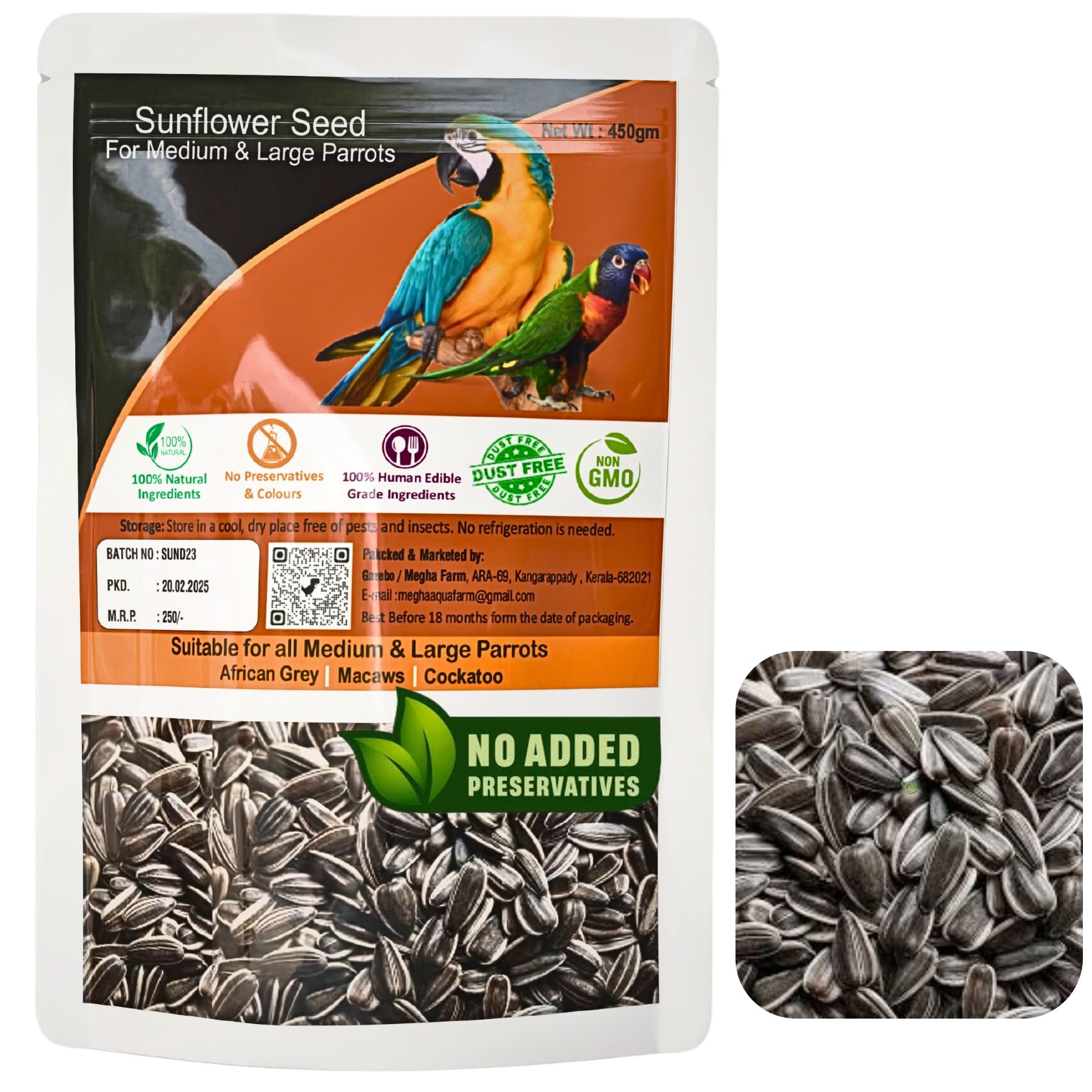 Premium Striped Sunflower Seeds for Birds 450 Gm for Parrots, Conures, Lovebirds, Cockatiels, African Grey, Macaws, Cockatoo Enriched with Cuttlefish Bone Powder