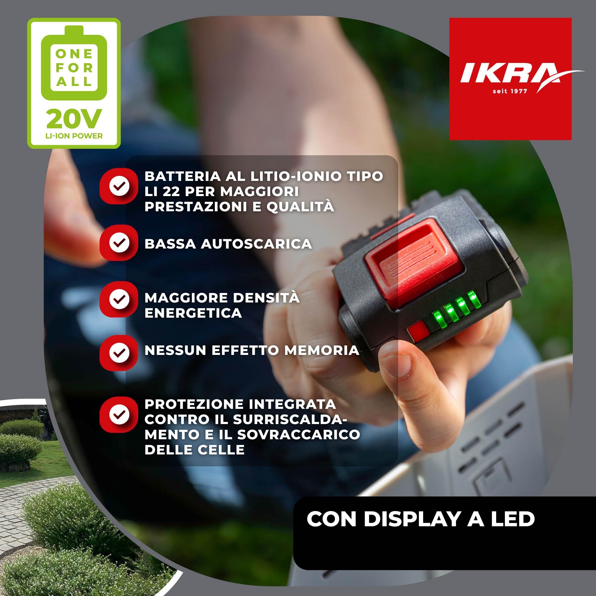 IKRA batteria 20V 2,0Ah LI 22, adatta a tutti gli attrezzi da giardino a batteria IKRA 20V, con display LED