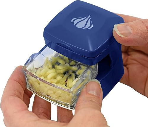 Miniatura 40 de Prensa de ajo, trituradora, cortadora, picadora y recipiente de almacenamiento, incluye pelador de ajo de silicona, fácil de limpiar, cuchillas