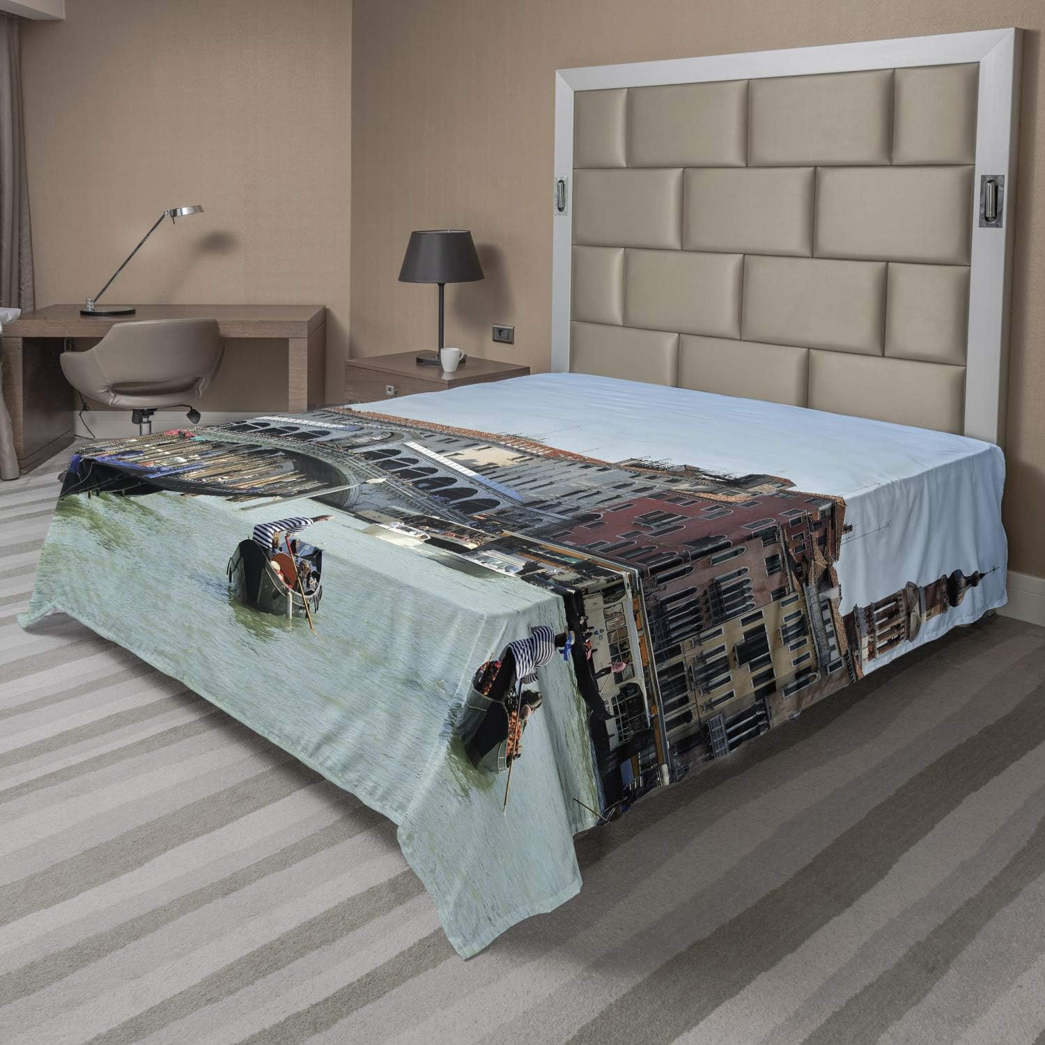 Ambesonne Italy Flat Sheet, Famous Landscape of Venice Gondolas and Architecture Europe Tourism Canal Photo, Soft Comfortable Top Sheet Decorative Bedding 1 Piece, Queen Size, Multicolor