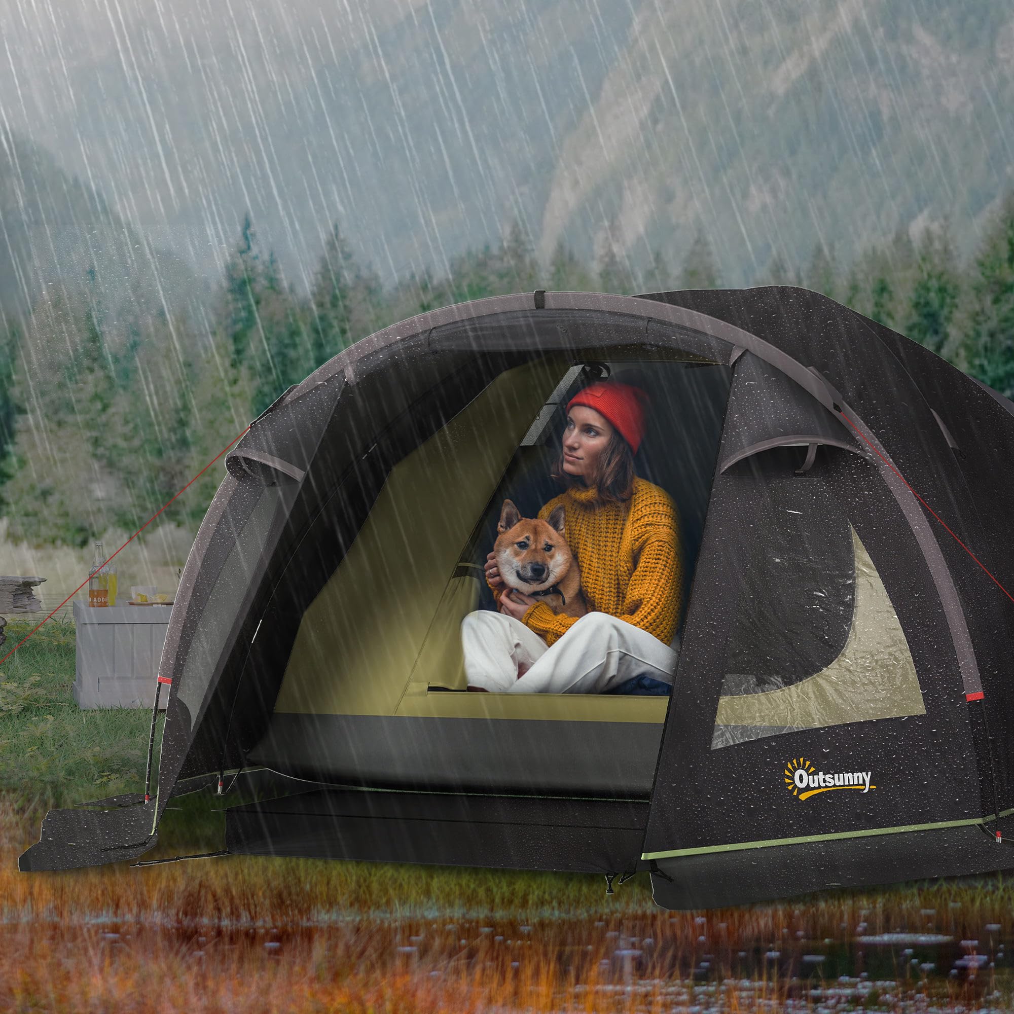 Outsunny Tente Tunnel Camping 3000mm 2 pièces 330x190x120cm Noir