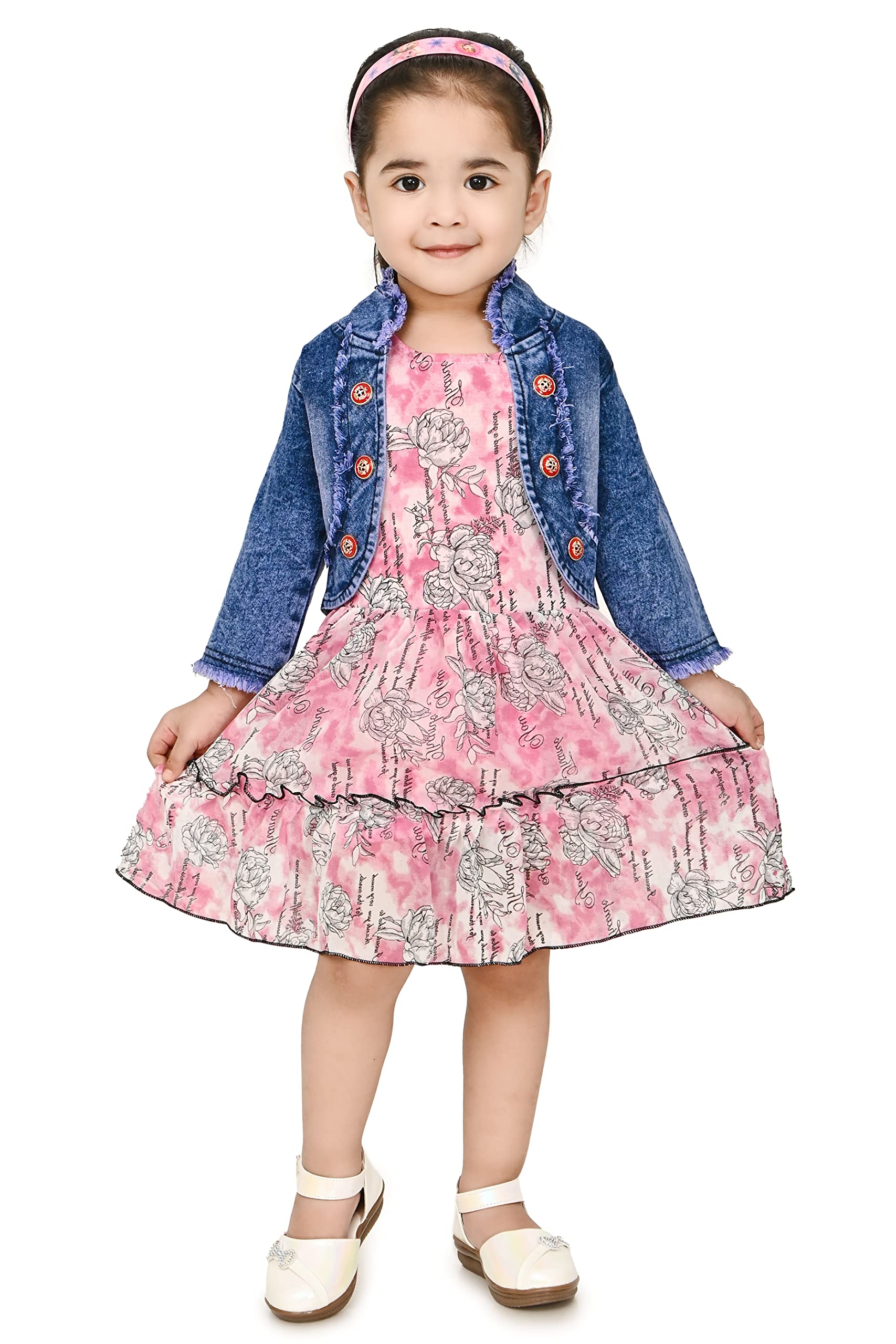 ELYON FASHIONGirls Cotton Blend and Denim Casual Midi Floral Printed Frock Dress with Jacket