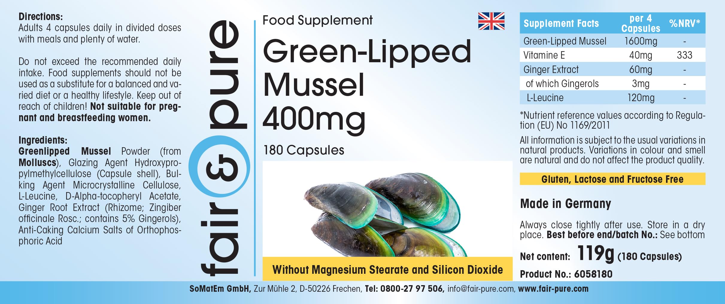 Fair & Pure® - Moule verte 400mg - poudre de moule verte de Nouvelle Zélande - 180 gélules de moule verte
