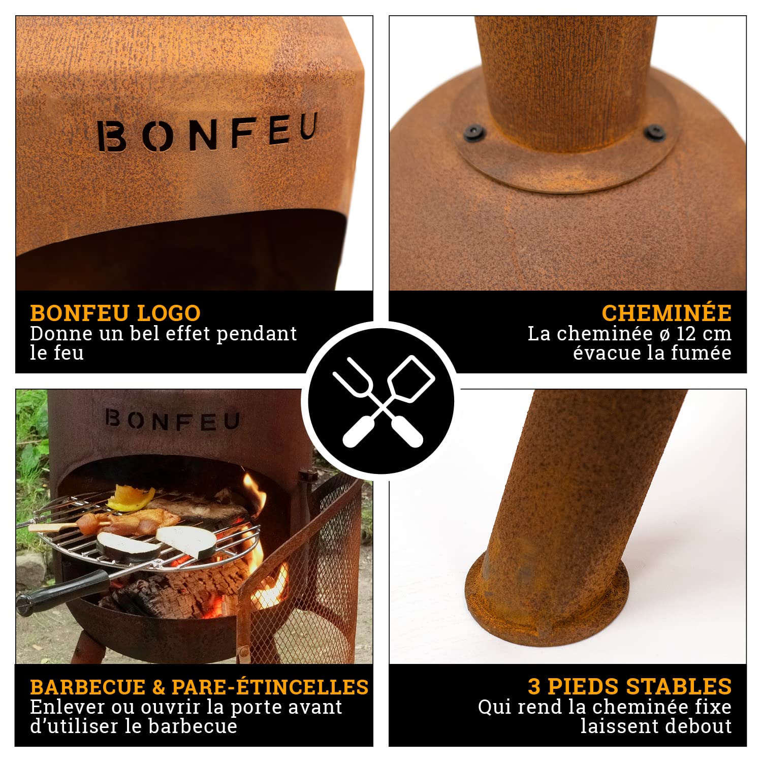 BonFeu BonBono Rouille - Brasero pour Jardin - Braser avec Barbecue Grill - Brazeros Exterieur - 45x45x165 cm