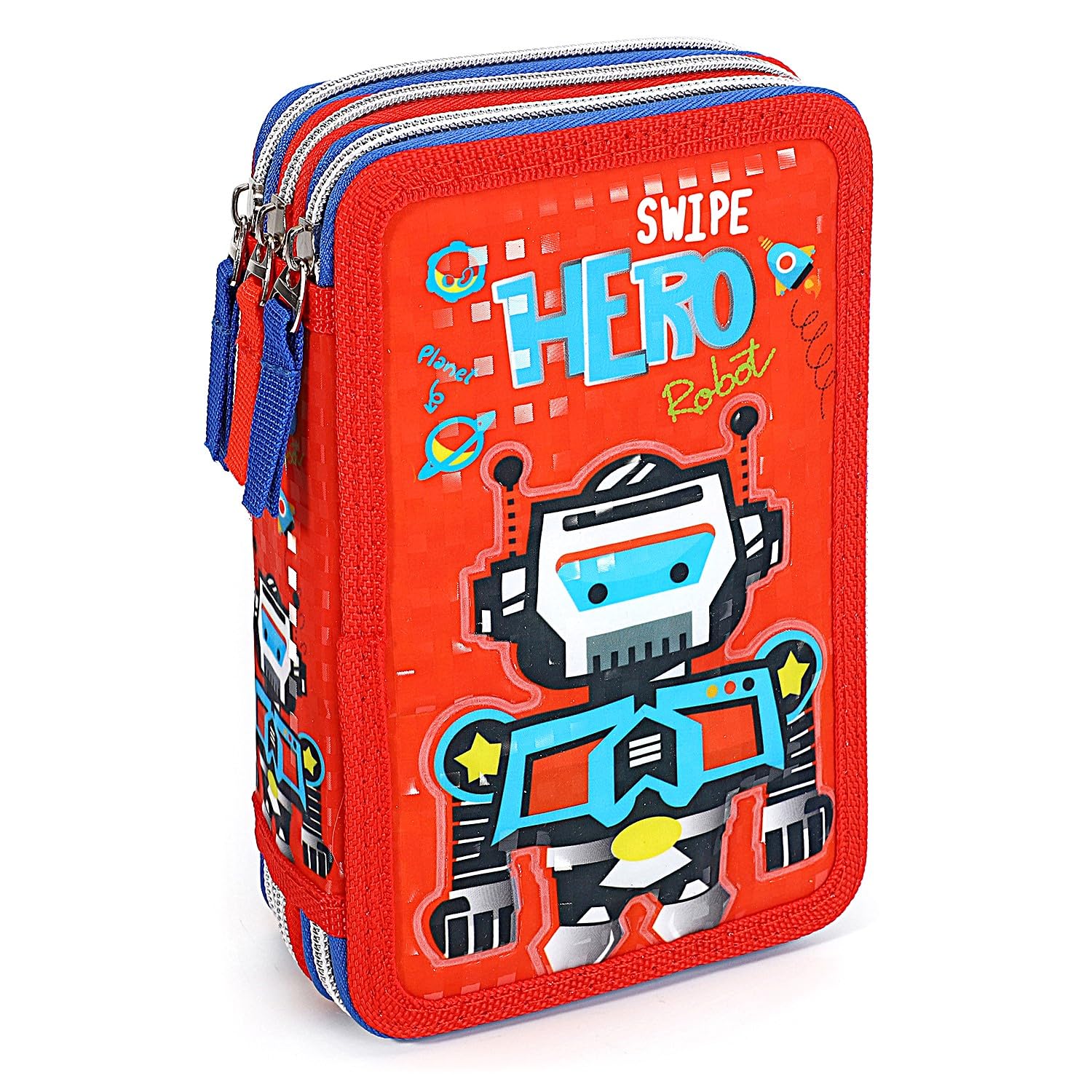 TDL Robot Pencil Case 45 pcs Pre-Filled 3 Layers Kids Boys Pouch with Multi Compartments