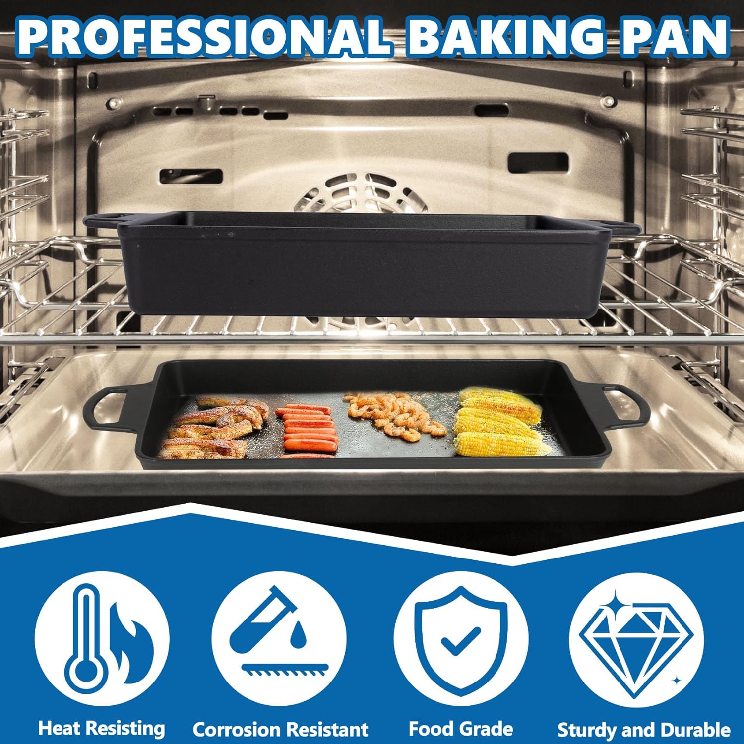 SafBbcue Cast Iron Loaf Pan 13" x 9" Square Bread Pan, Oven for Bread Baking, Suitable for Baking Corn Bread Cookies, Meat and Pizza, 2Pcs