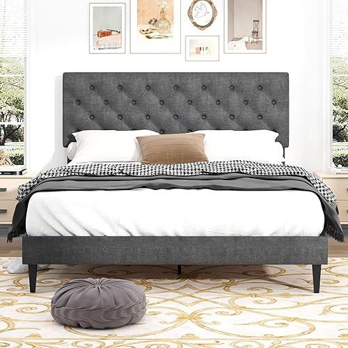 Miniatura 130 de BarnFurin Base de cama de tamaño matrimonial con cabecero, cama de plataforma tapizada con cabecera capitonada con botones ajustables, marco de cama