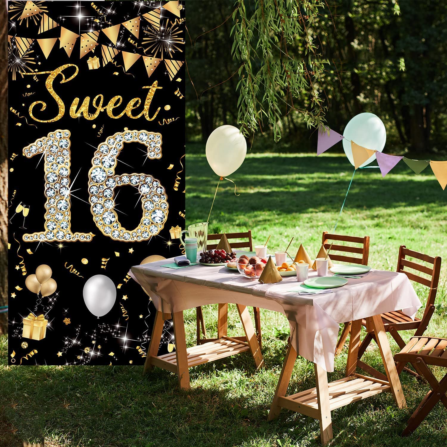 Sweet 16 Birthday Decorations Door Banner, Black Gold Happy Sweet 16