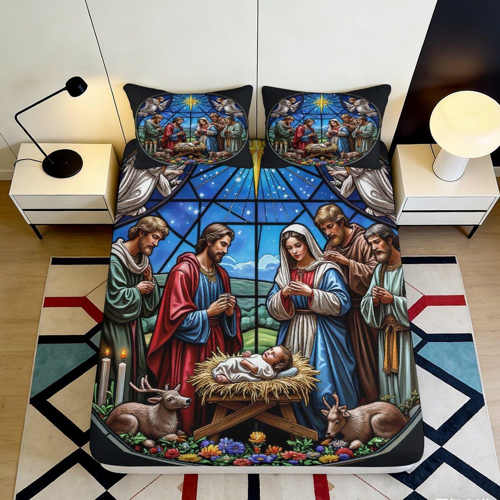 3D Printed Nativity Scene Fitted Sheet Microfiber Soft Christmas Stained Glass Mattress Cover for Bedroom Guest Room Easy Care 90x200x25cm