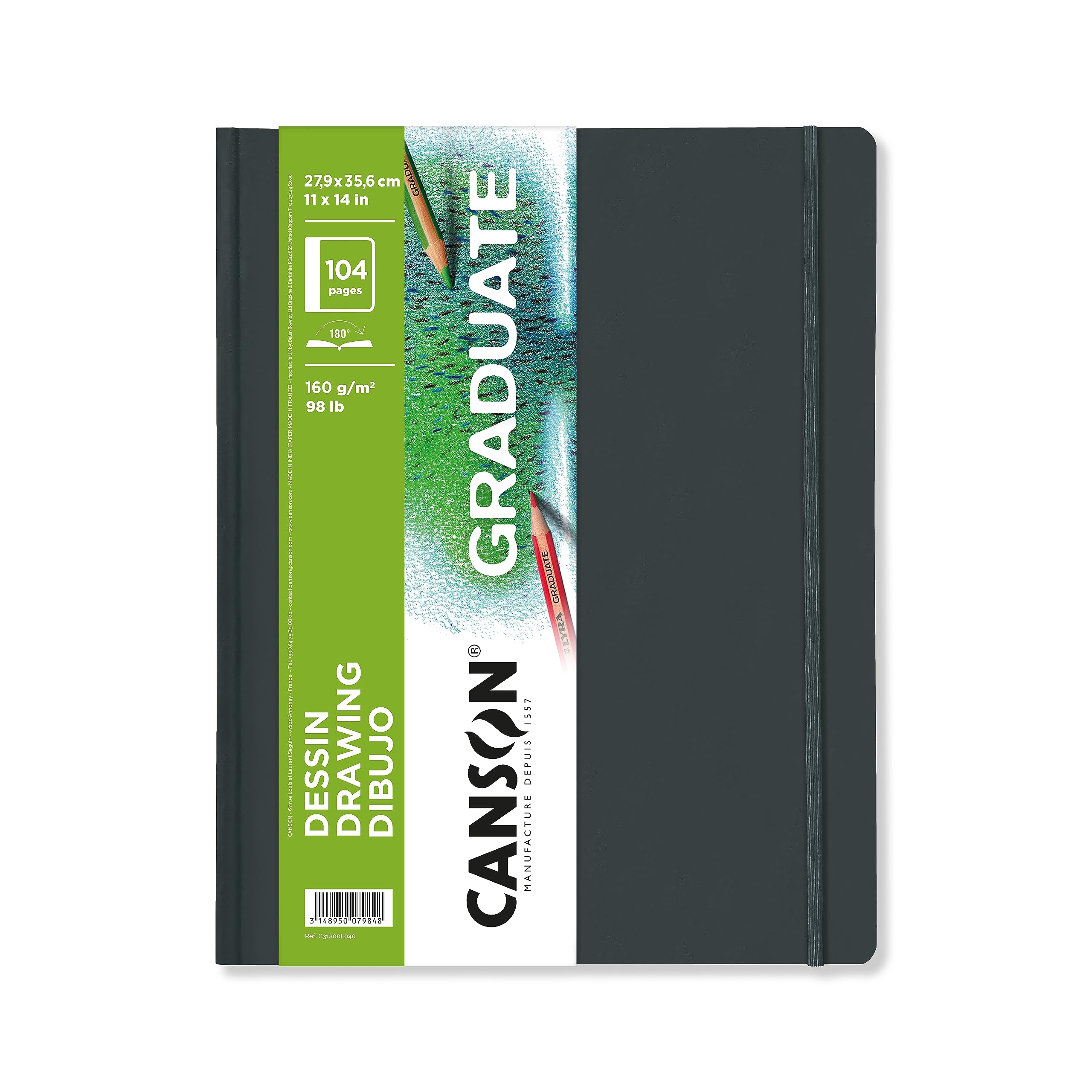 CANSON Graduate Hardbound Drawing Book, 160gsm 27.9 x 35.6cm, Light Grain Paper, 52 White Sheets, for Artist Students