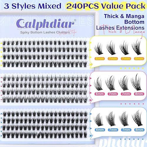 Spiky Bottom Lashes Individual Thick Volume Bottom Lash Clusters Manga Lower Eyelash Extensions 6-8MM Wispy Bottom Cluster Lashes 240pcs DIY Bottom Lash Extension at Home by calphdiar(A-Thick Bottom Lashes)