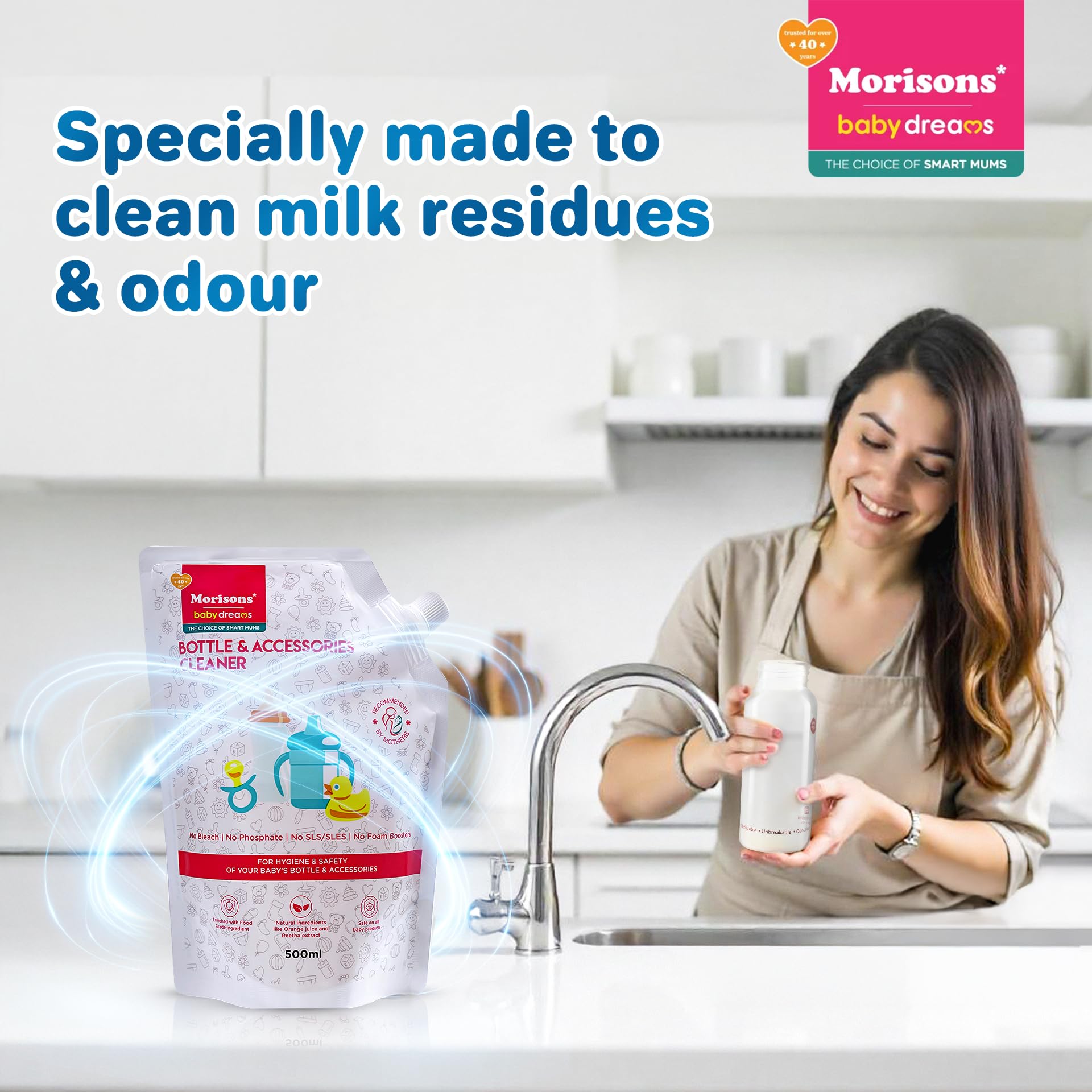 Morisons Baby Dreams Bottle & Accessories Cleaner - Refill Pack 500ml | Removes milk odour & stains effectively | Anti-bacterial | Made with Food Grade Ingredients I Contains