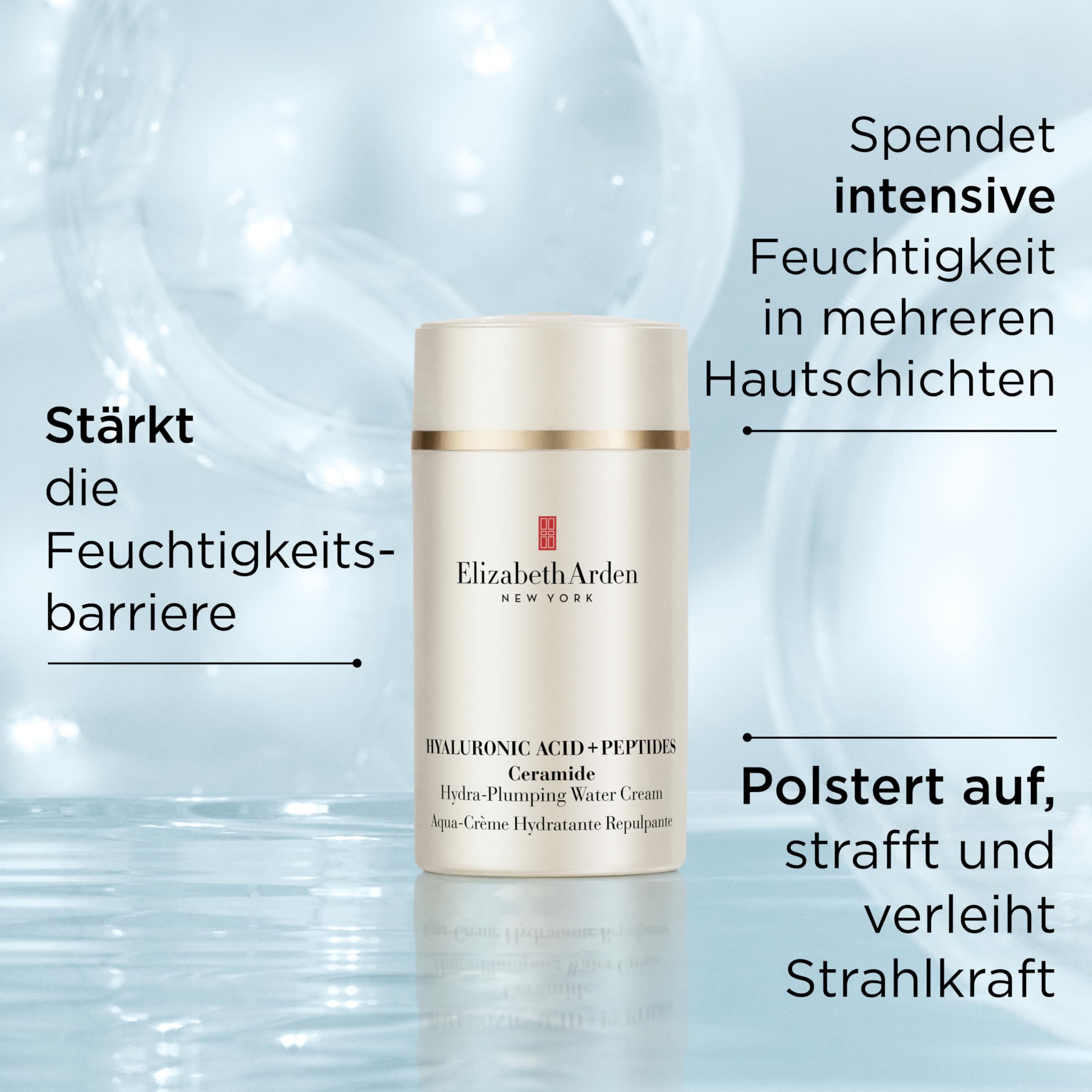 Elizabeth Arden – Hyaluronsäure + Peptide Ceramide Water Cream, Feuchtigkeitscreme mit 5D HA, Peptiden & Ceramiden für prallere, straffere & strahlende Haut, leichte Gesichtspflege, für alle Hauttypen