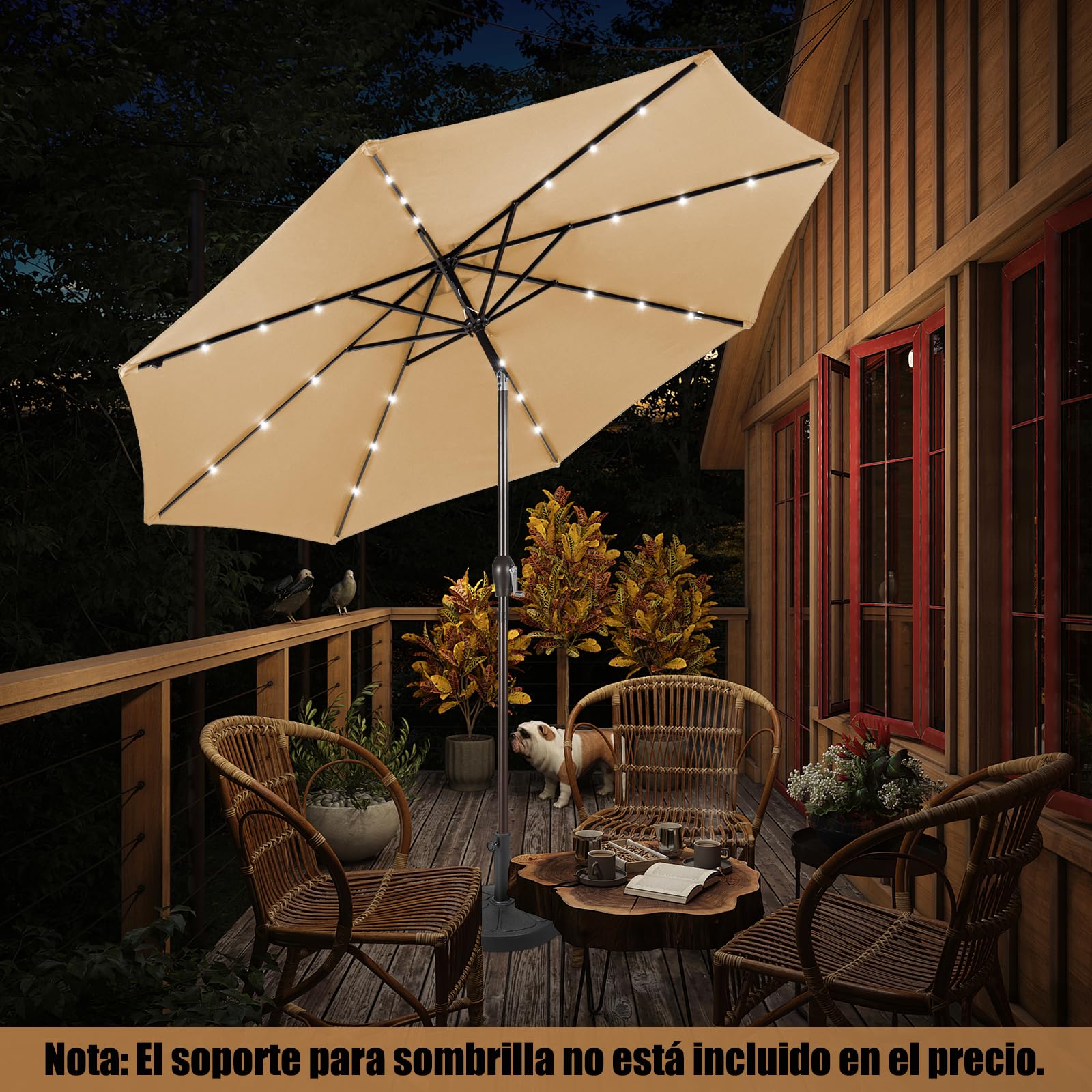 COSTWAY Ø300 cm Sombrilla Terraza Exterior, Parasol Terraza Exterior Plegable con 24 Luces LED Solar, Manivela y 8 Varillas de Metal, Protección UV, Impermeable, para Terraza, Beige