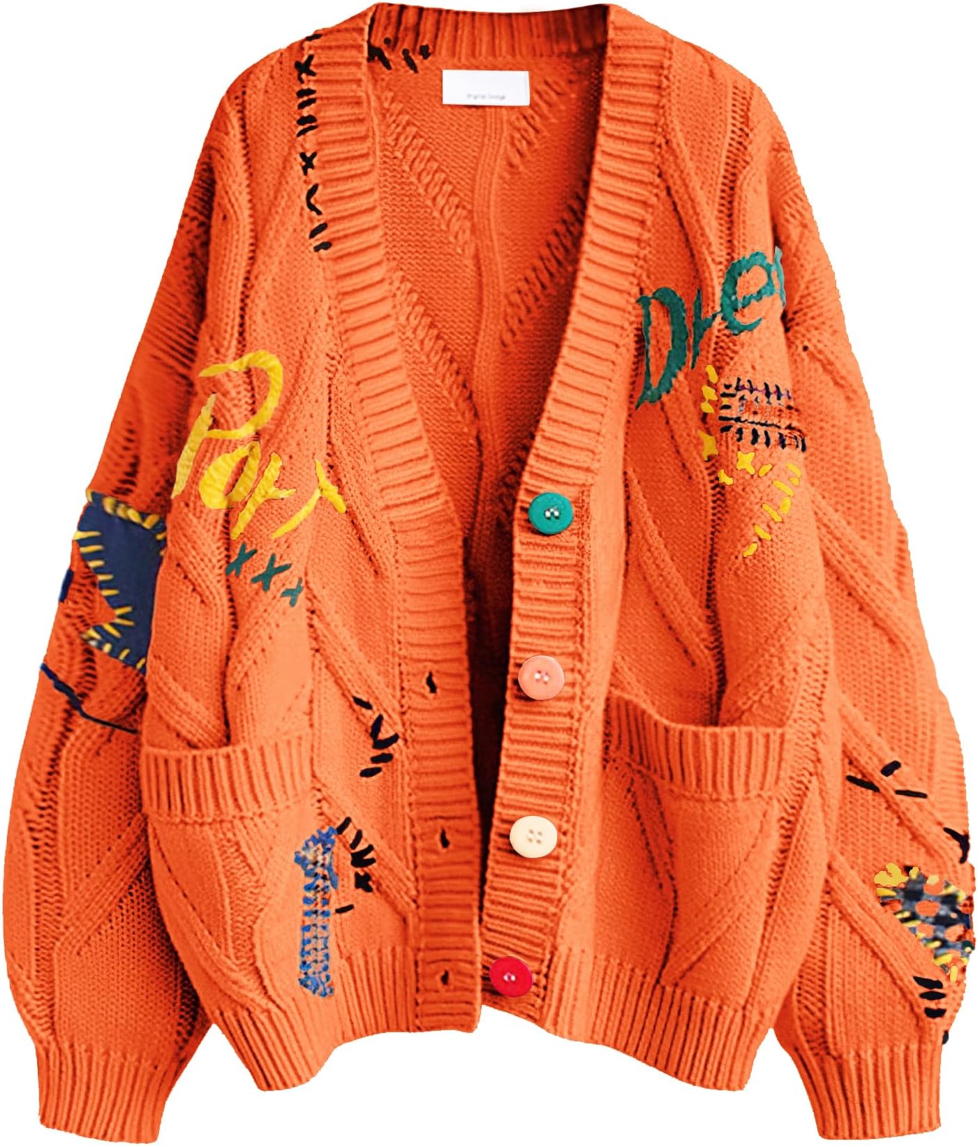 Women's Cable Knit Long Sleeve Open Front Cardigan Sheep V-Neck Button Down Embroidery Wool Blend Sweater Coat Outwear