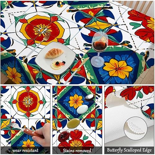 Miniatura 6 de Swono Mantel rectangular con diseño mexicano, mosaico étnico, mandala, lavable, mantel para cocina, comedor, mesa para fiesta, cena, 50 x 72 pulgadas