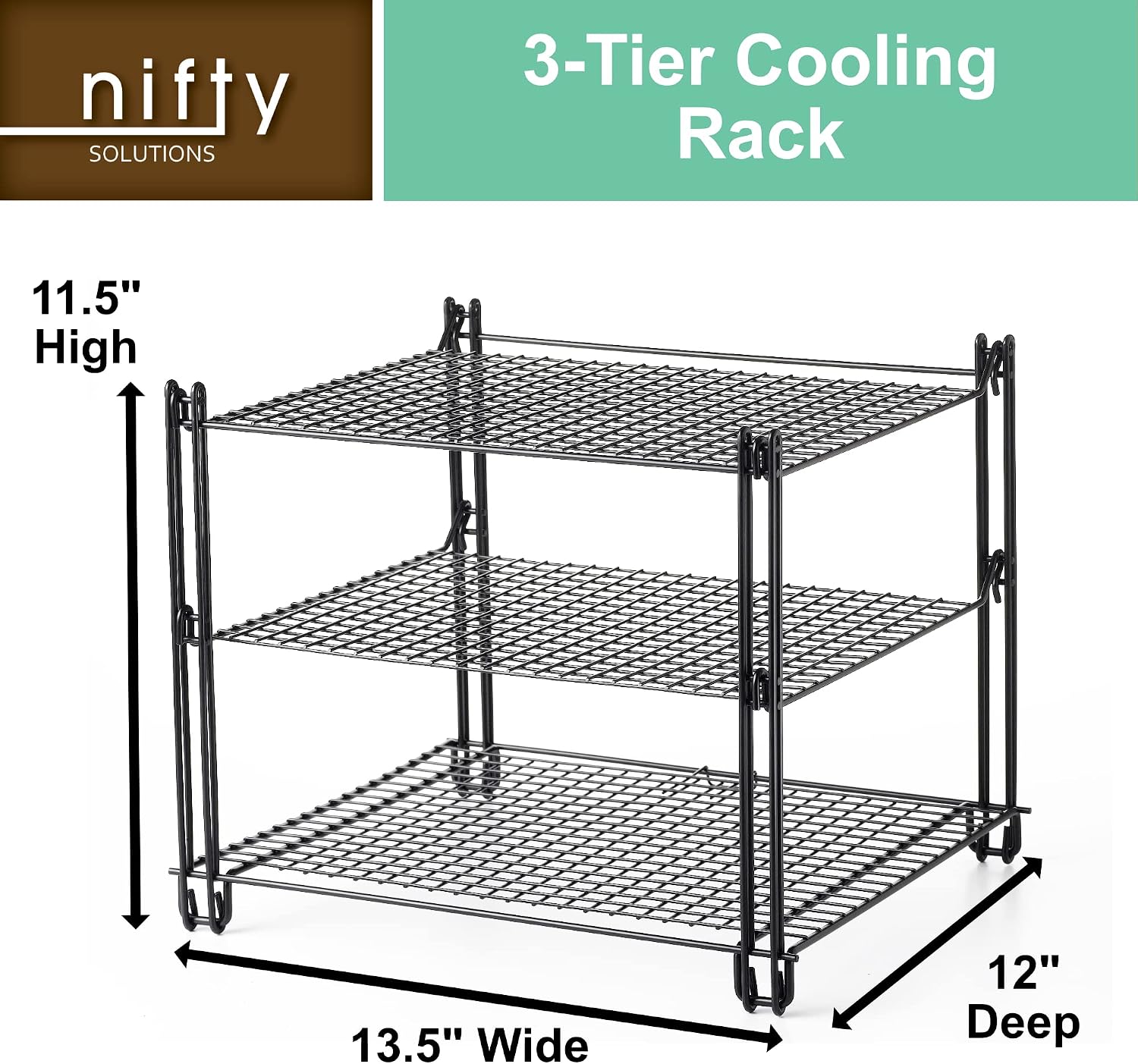 Nifty 3-Tier Cooling Rack – Non-Stick Coating, Wire Mesh Design, Dishwasher Safe, Collapsible Kitchen Countertop Organizer, Use for Baking Cookies, Cakes, Pies