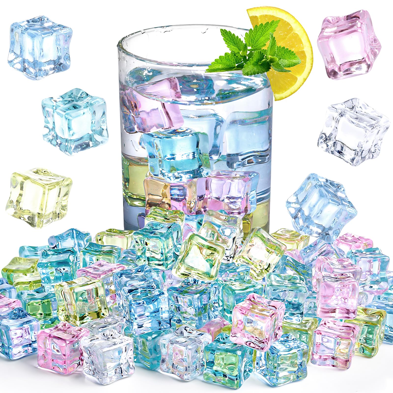 DOMESTAR 100PCS Fake Ice Cubes, Colorful Square Plastic Ice Cubes Display for Vase Fillers Product Photography Accessories Props Wedding Party Kitchen Decoration 0.7 Inch